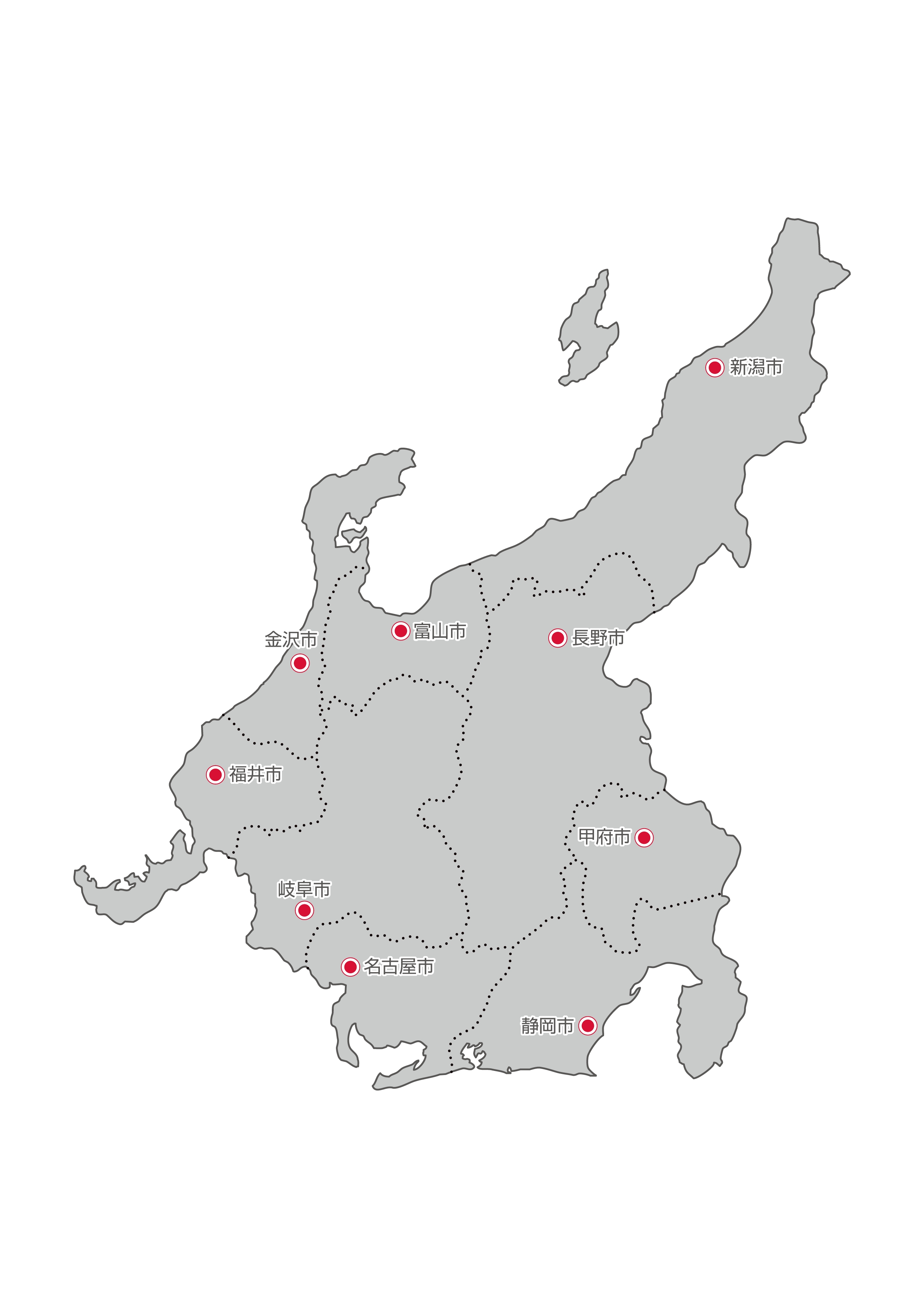 中部地方無料フリーイラスト｜日本語・都道府県線あり・県庁所在地あり(グレー)