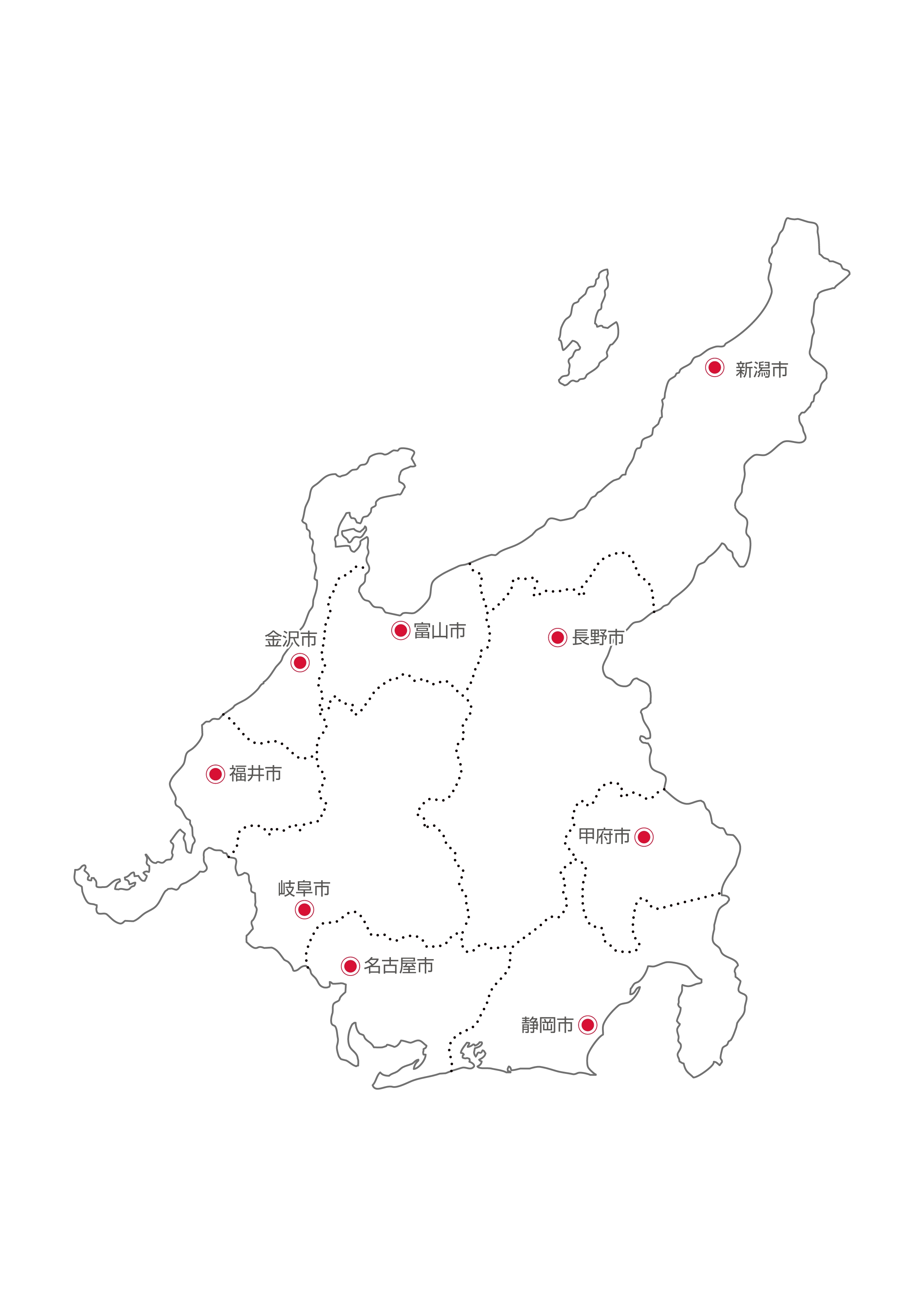 中部地方無料フリーイラスト｜日本語・都道府県線あり・県庁所在地あり(白)