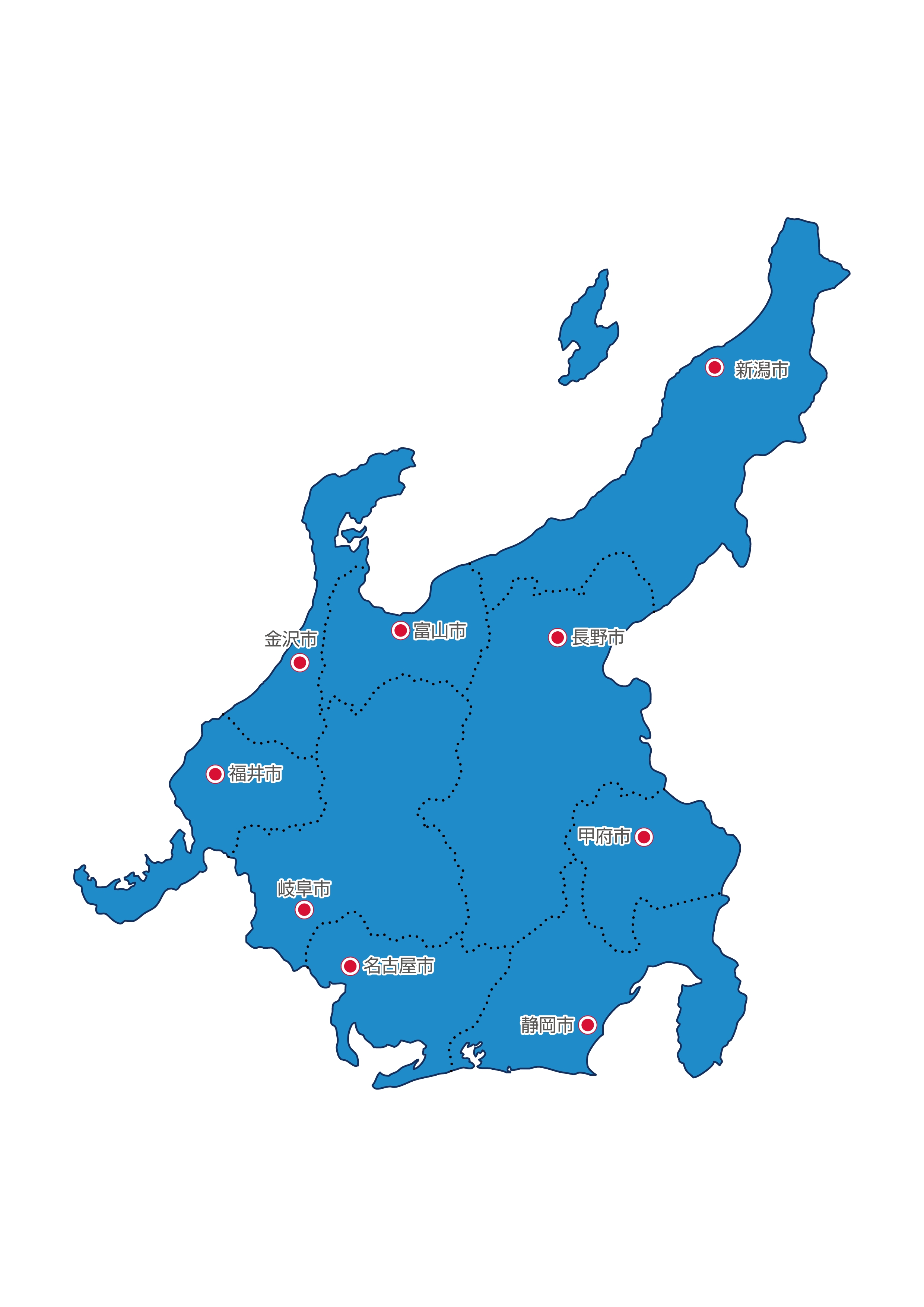 中部地方無料フリーイラスト｜日本語・都道府県線あり・県庁所在地あり(青)