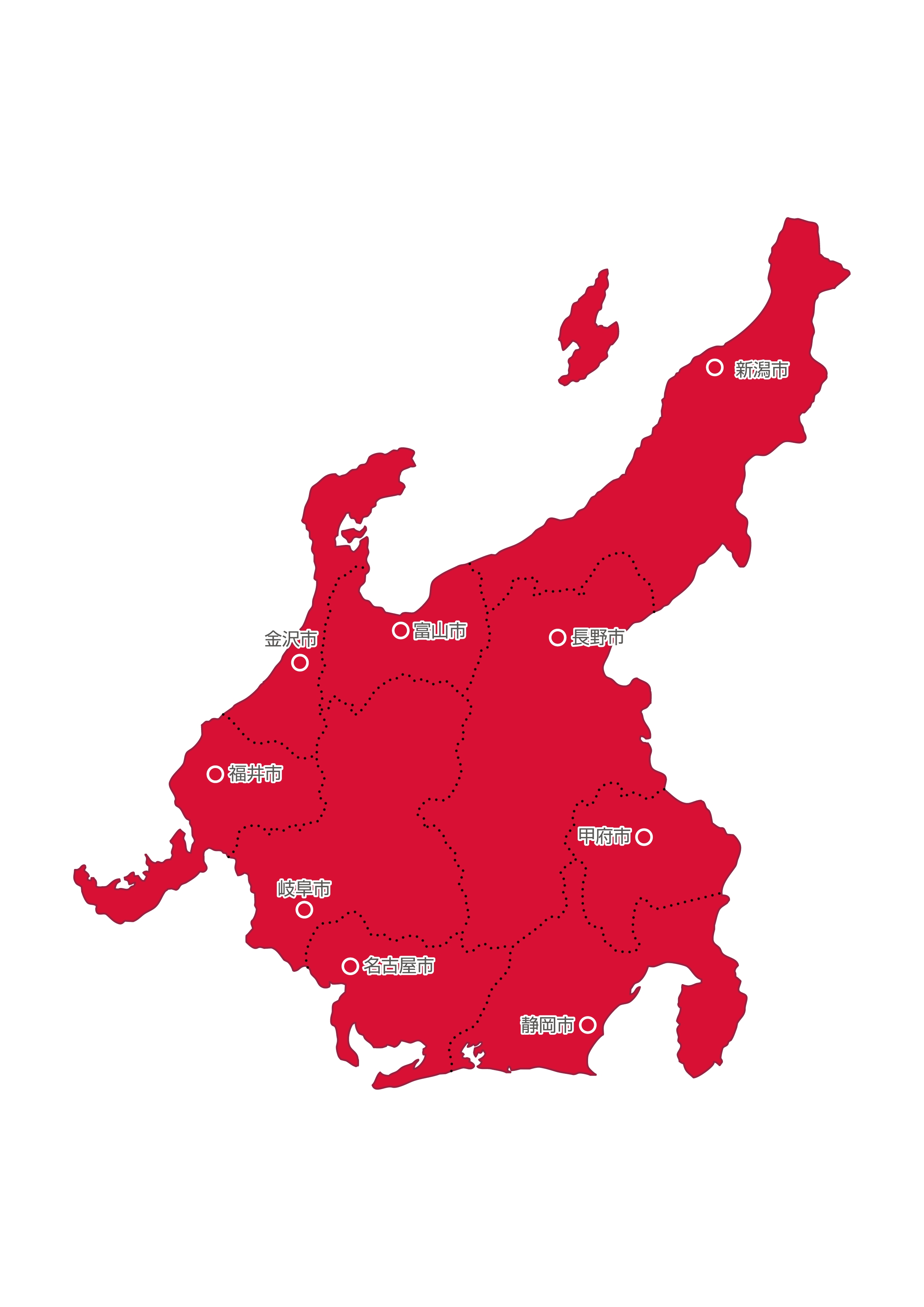 中部地方無料フリーイラスト｜日本語・都道府県線あり・県庁所在地あり(赤)