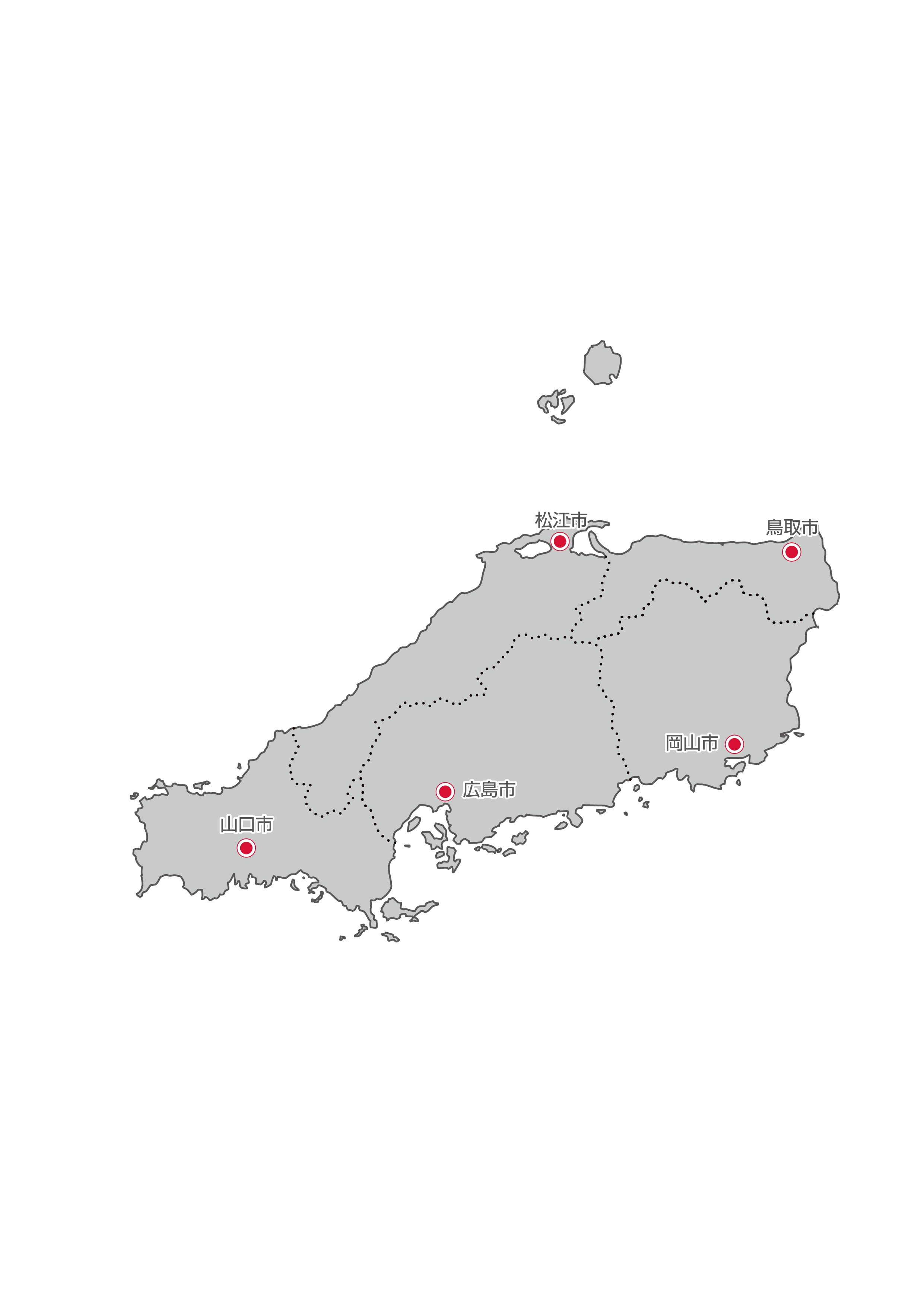 中国地方無料フリーイラスト｜日本語・都道府県線あり・県庁所在地あり(グレー)