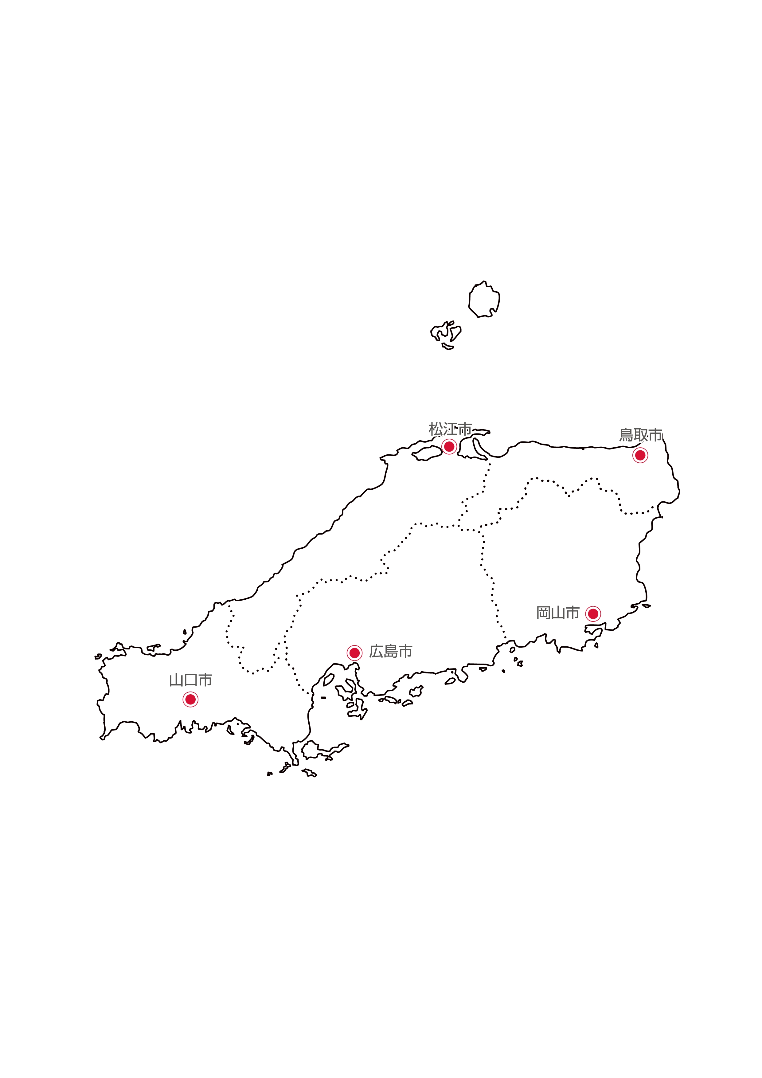 中国地方無料フリーイラスト｜日本語・都道府県線あり・県庁所在地あり(白)
