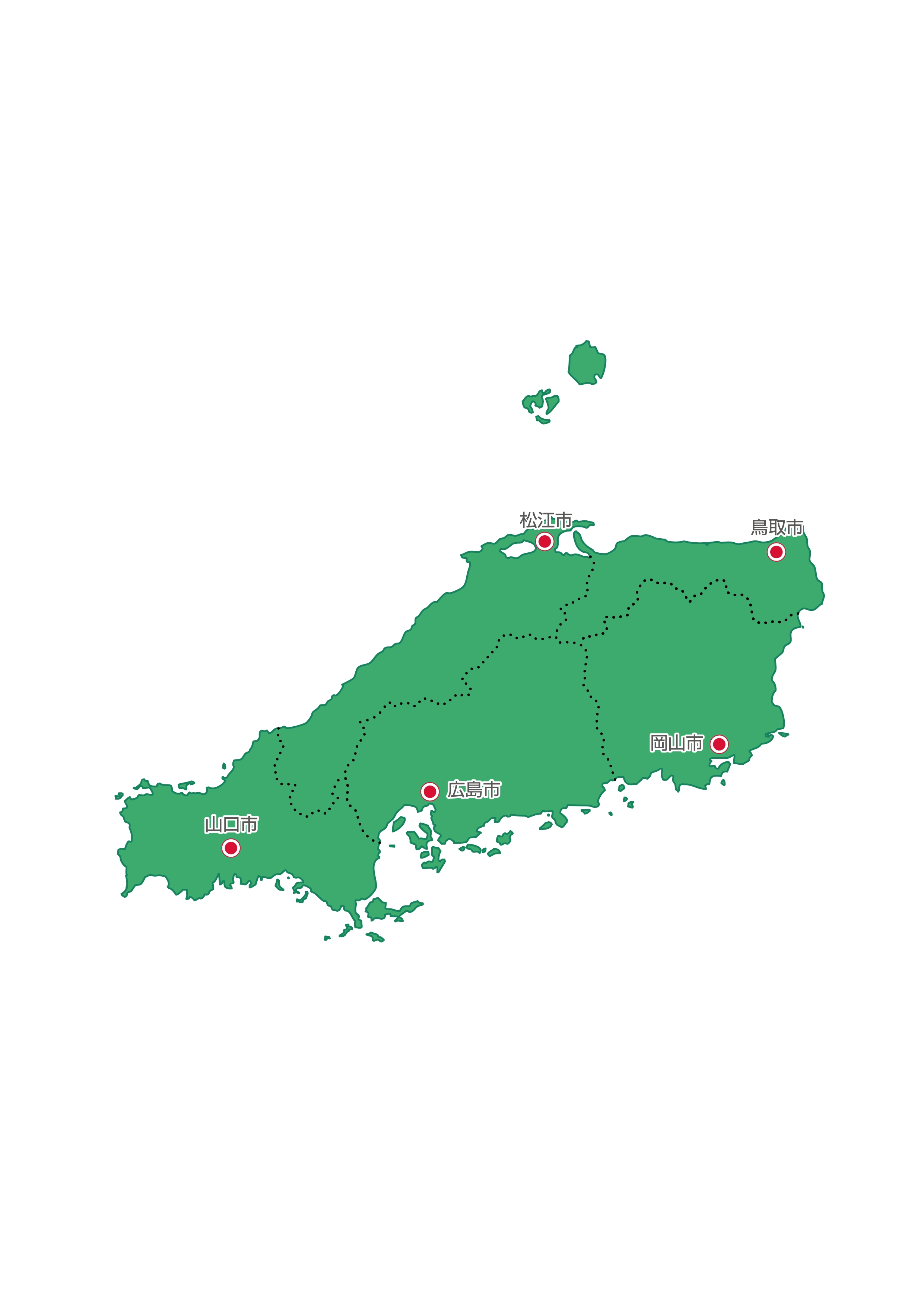 中国地方無料フリーイラスト｜日本語・都道府県線あり・県庁所在地あり(緑)