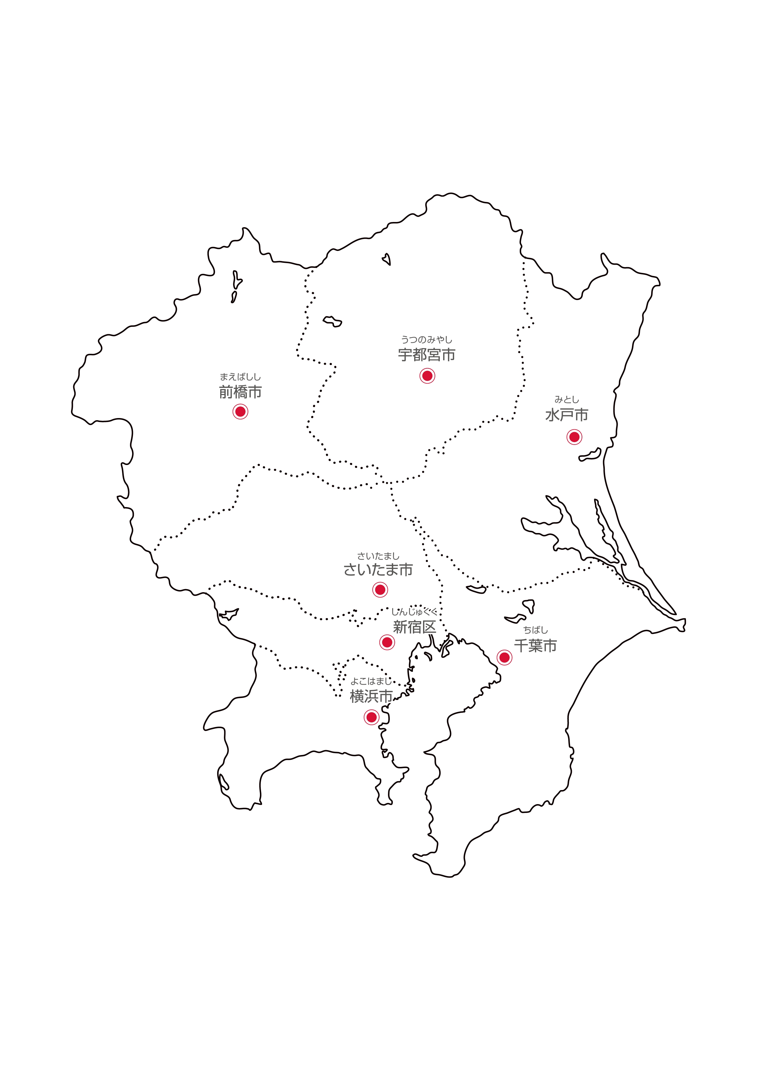関東地方無料フリーイラスト｜日本語・都道府県線あり・県庁所在地あり・ルビあり(白)