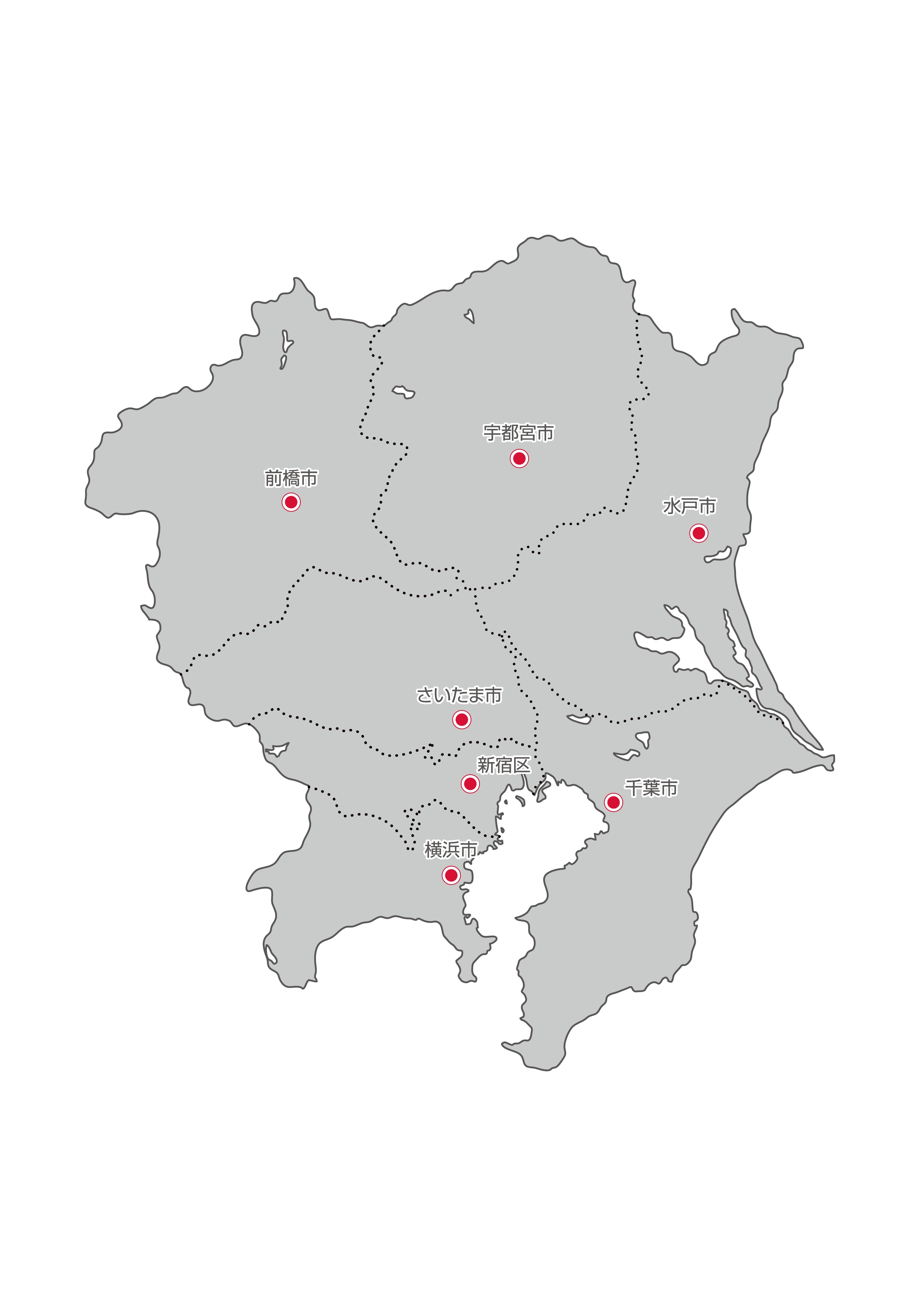 関東地方無料フリーイラスト｜日本語・都道府県線あり・県庁所在地あり(グレー)
