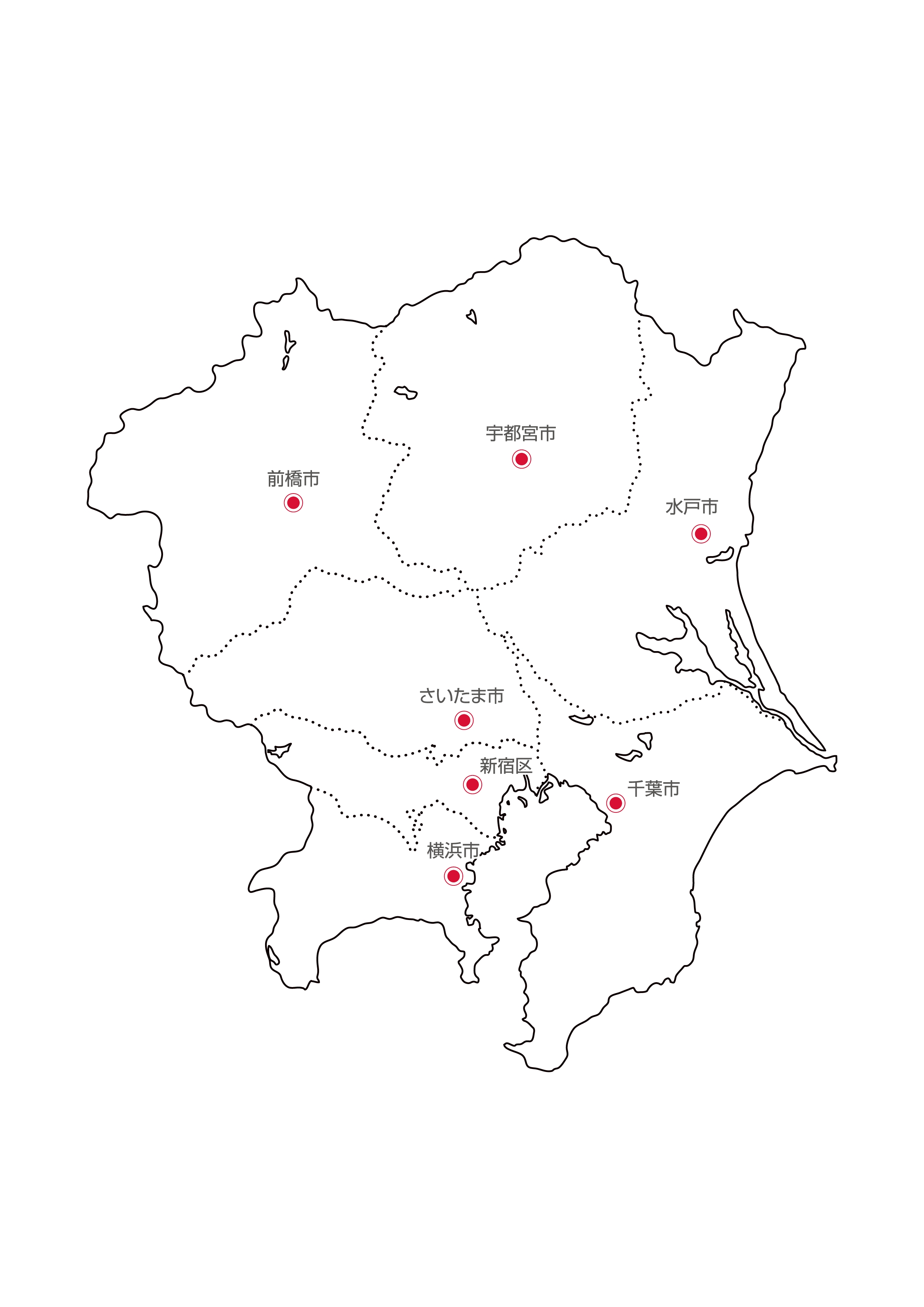 関東地方無料フリーイラスト｜日本語・都道府県線あり・県庁所在地あり(白)