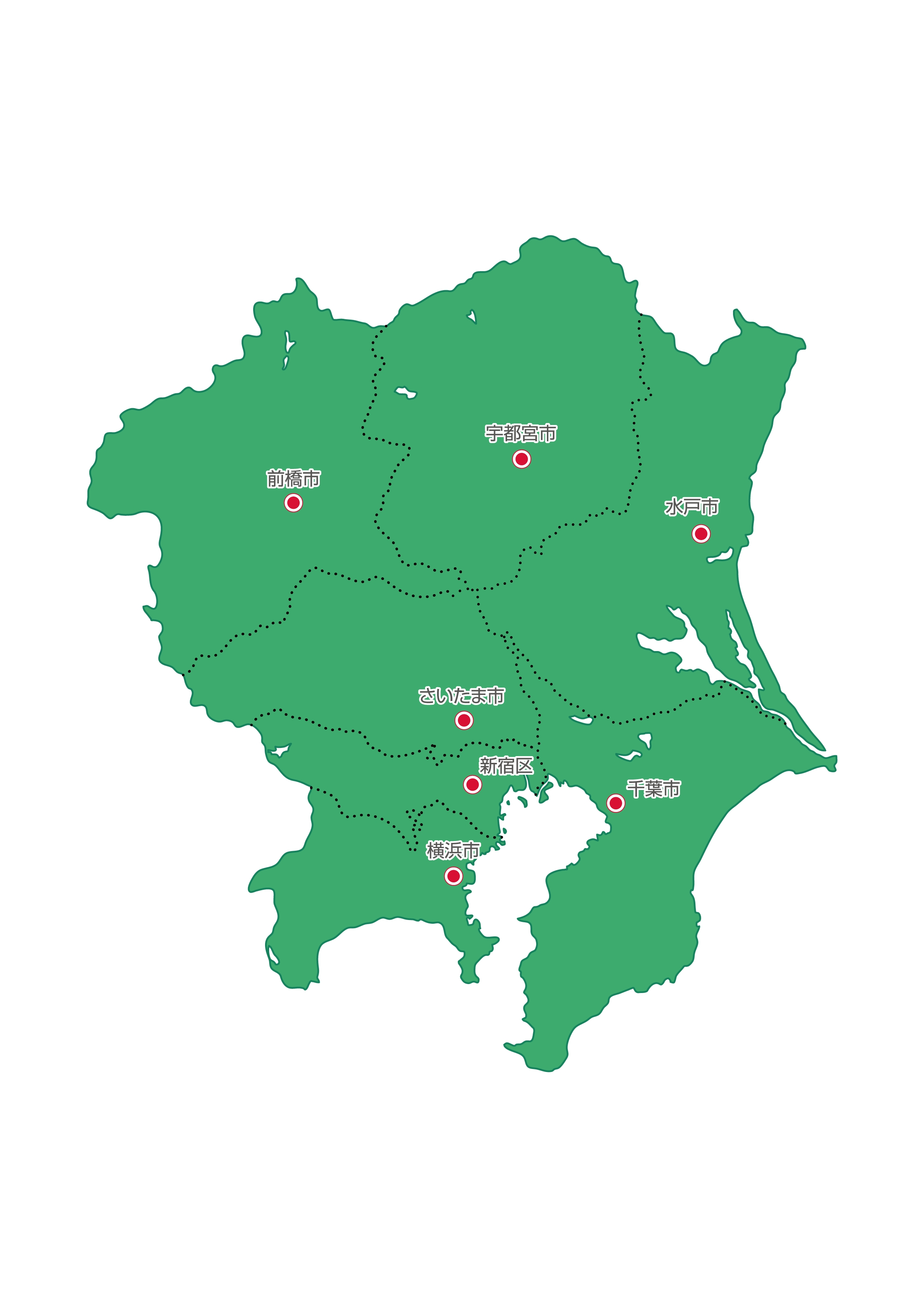 関東地方無料フリーイラスト｜日本語・都道府県線あり・県庁所在地あり(緑)