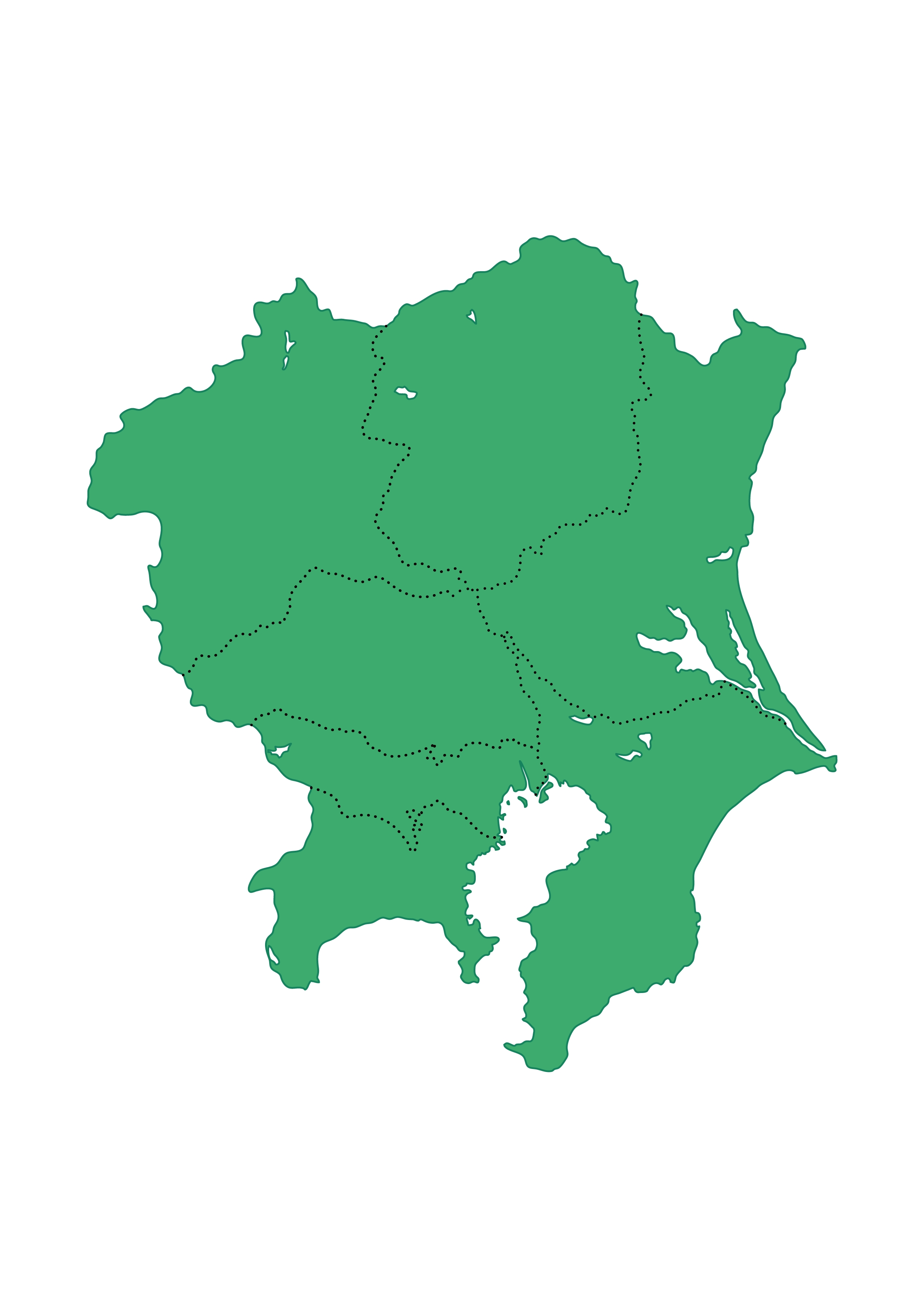 関東地方無料フリーイラスト｜都道府県線あり(緑)