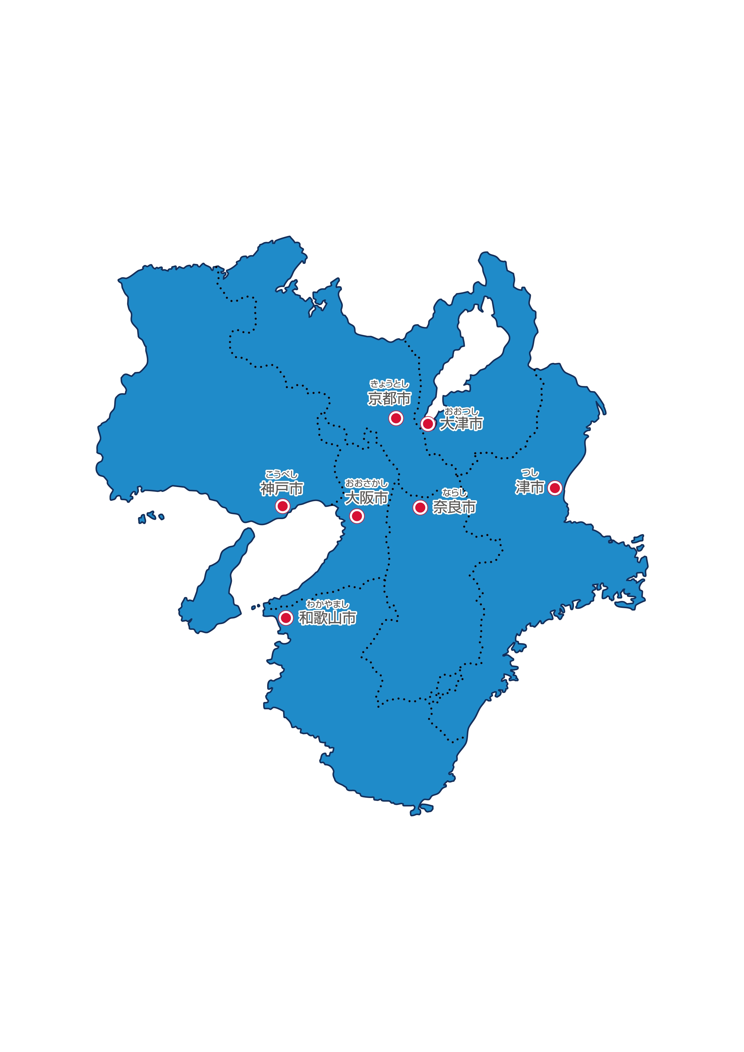近畿地方無料フリーイラスト｜日本語・都道府県線あり・県庁所在地あり・ルビあり(青)