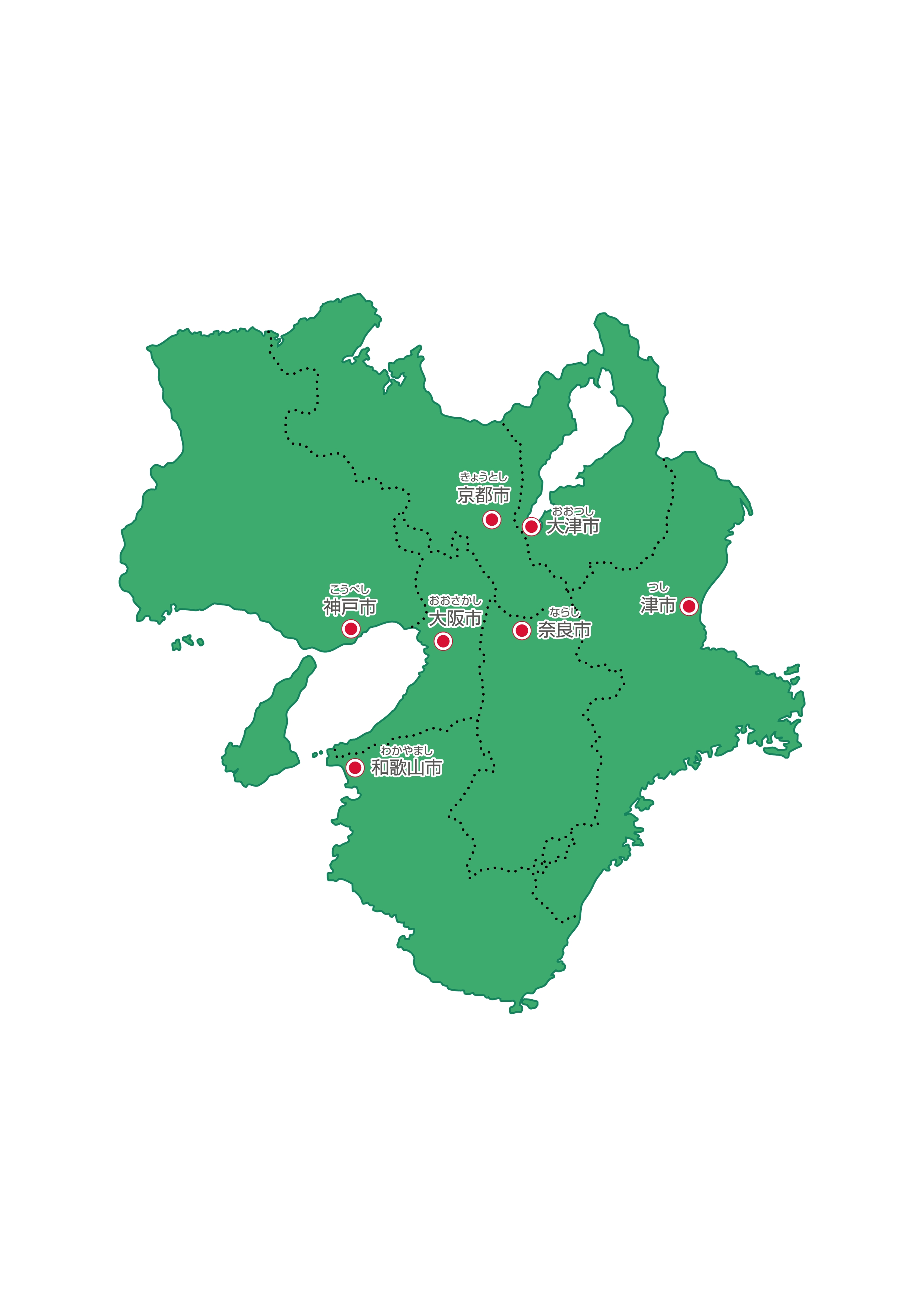 近畿地方無料フリーイラスト｜日本語・都道府県線あり・県庁所在地あり・ルビあり(緑)