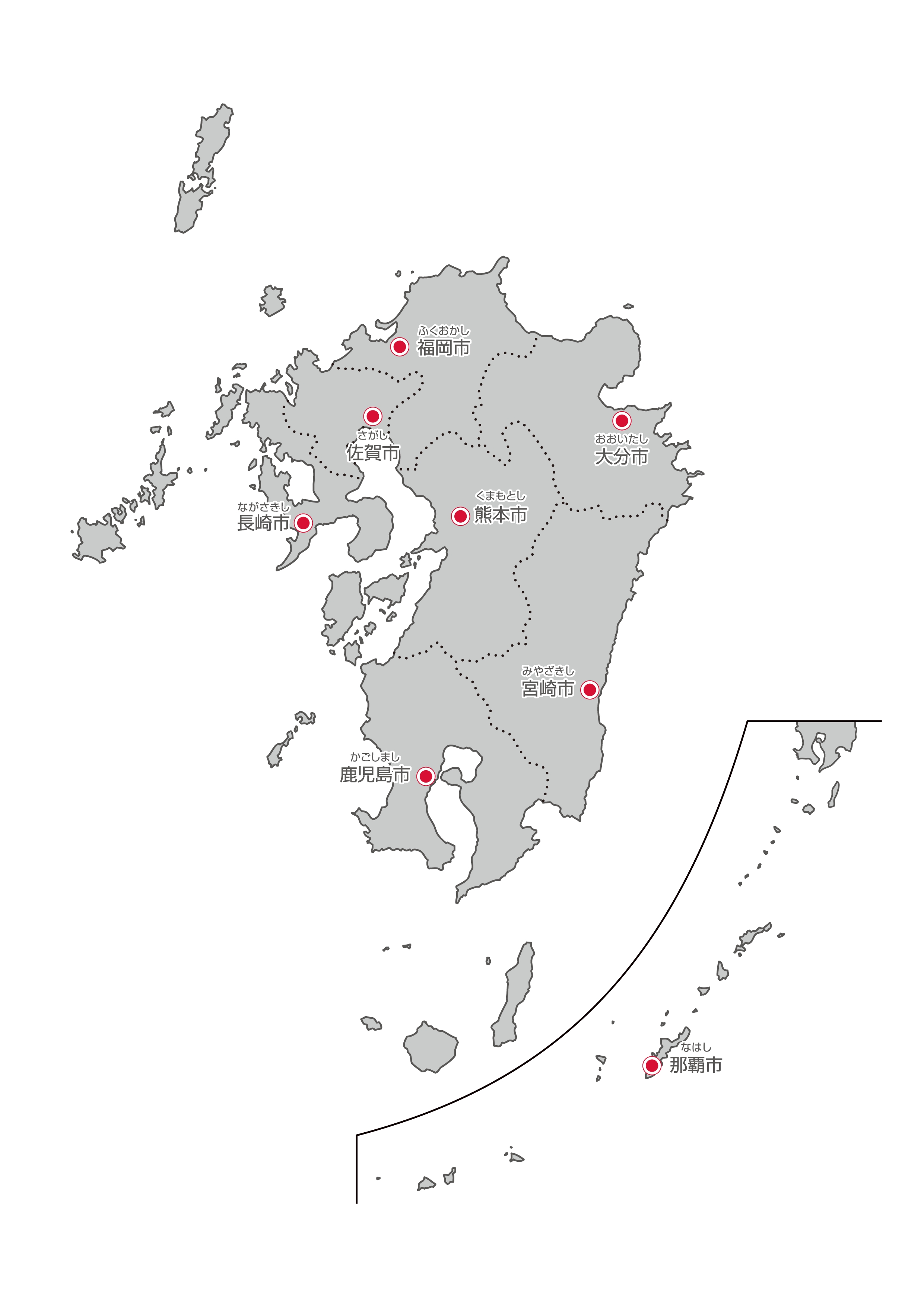 九州・沖縄地方無料フリーイラスト｜日本語・都道府県線あり・県庁所在地あり・ルビあり(グレー)