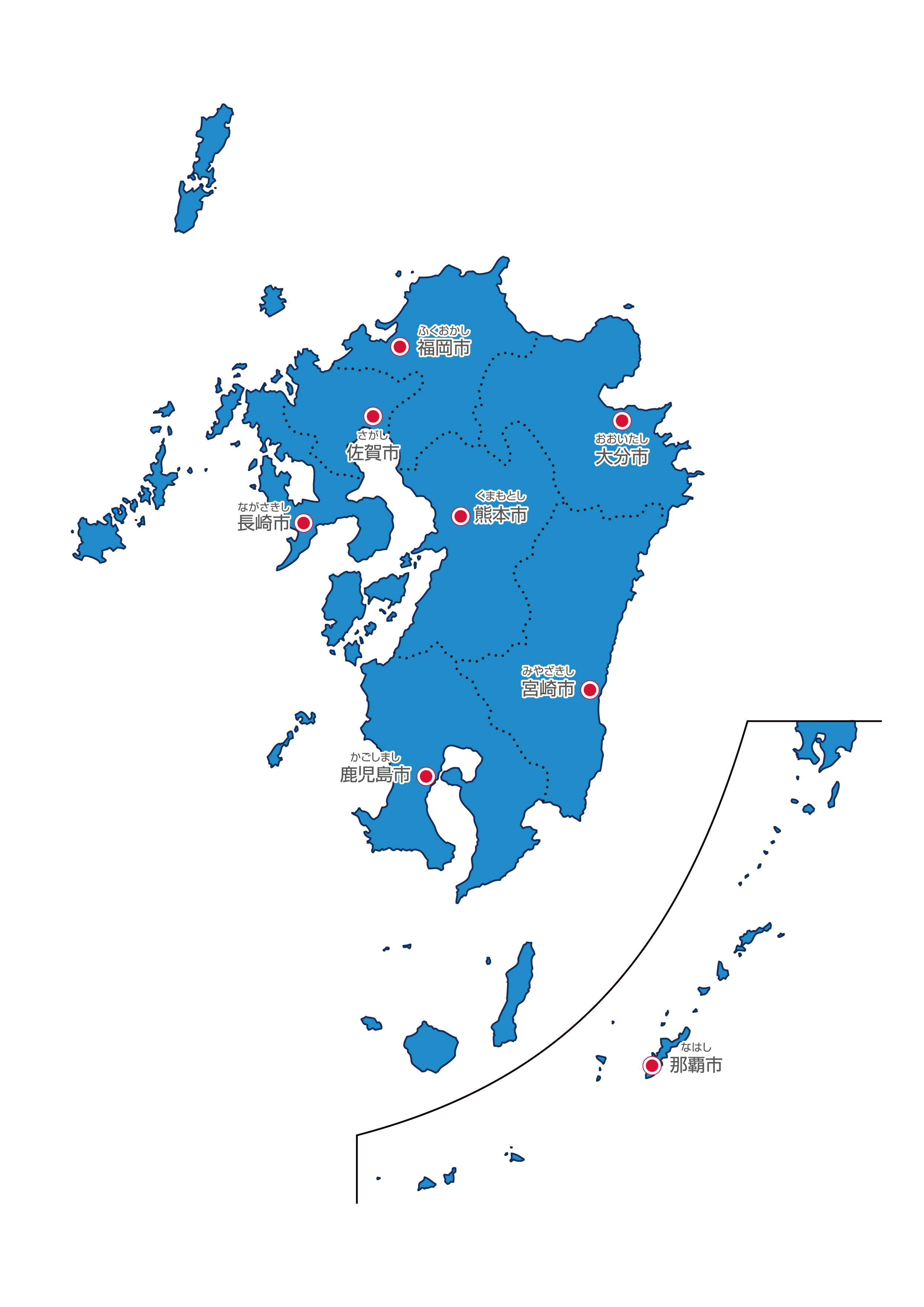 九州・沖縄地方無料フリーイラスト｜日本語・都道府県線あり・県庁所在地あり・ルビあり(青)