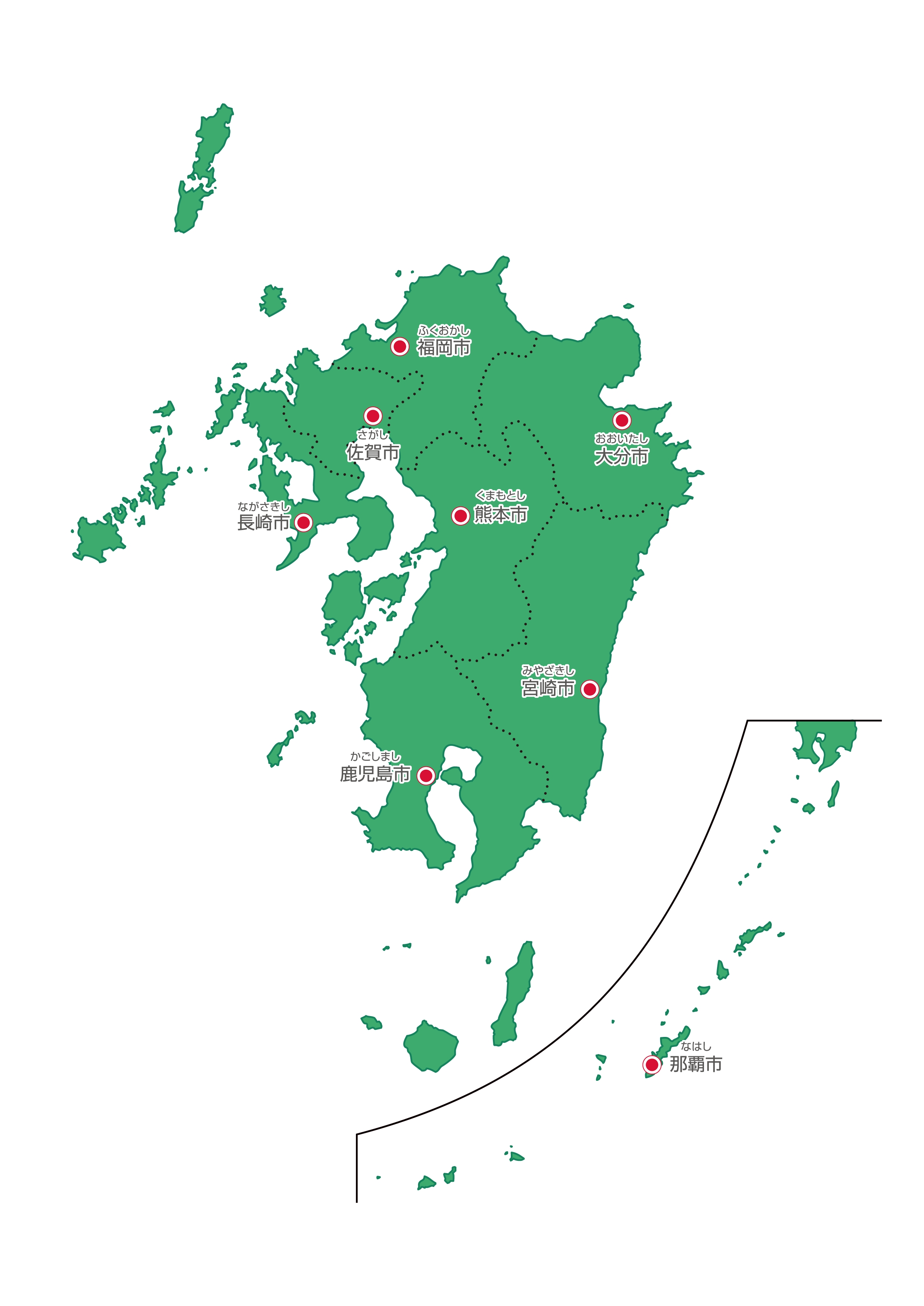 九州・沖縄地方無料フリーイラスト｜日本語・都道府県線あり・県庁所在地あり・ルビあり(緑)