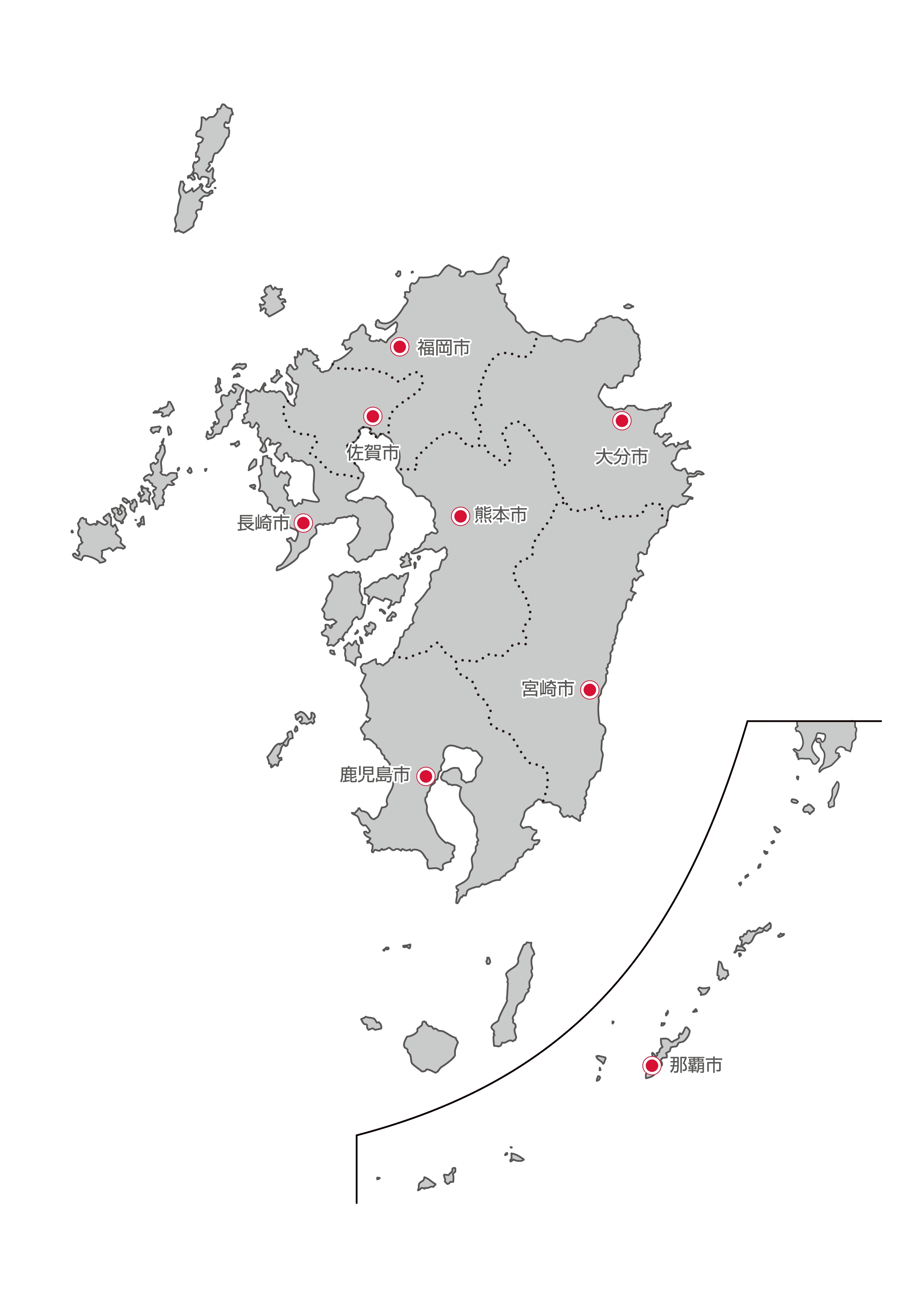 九州・沖縄地方無料フリーイラスト｜日本語・都道府県線あり・県庁所在地あり(グレー)