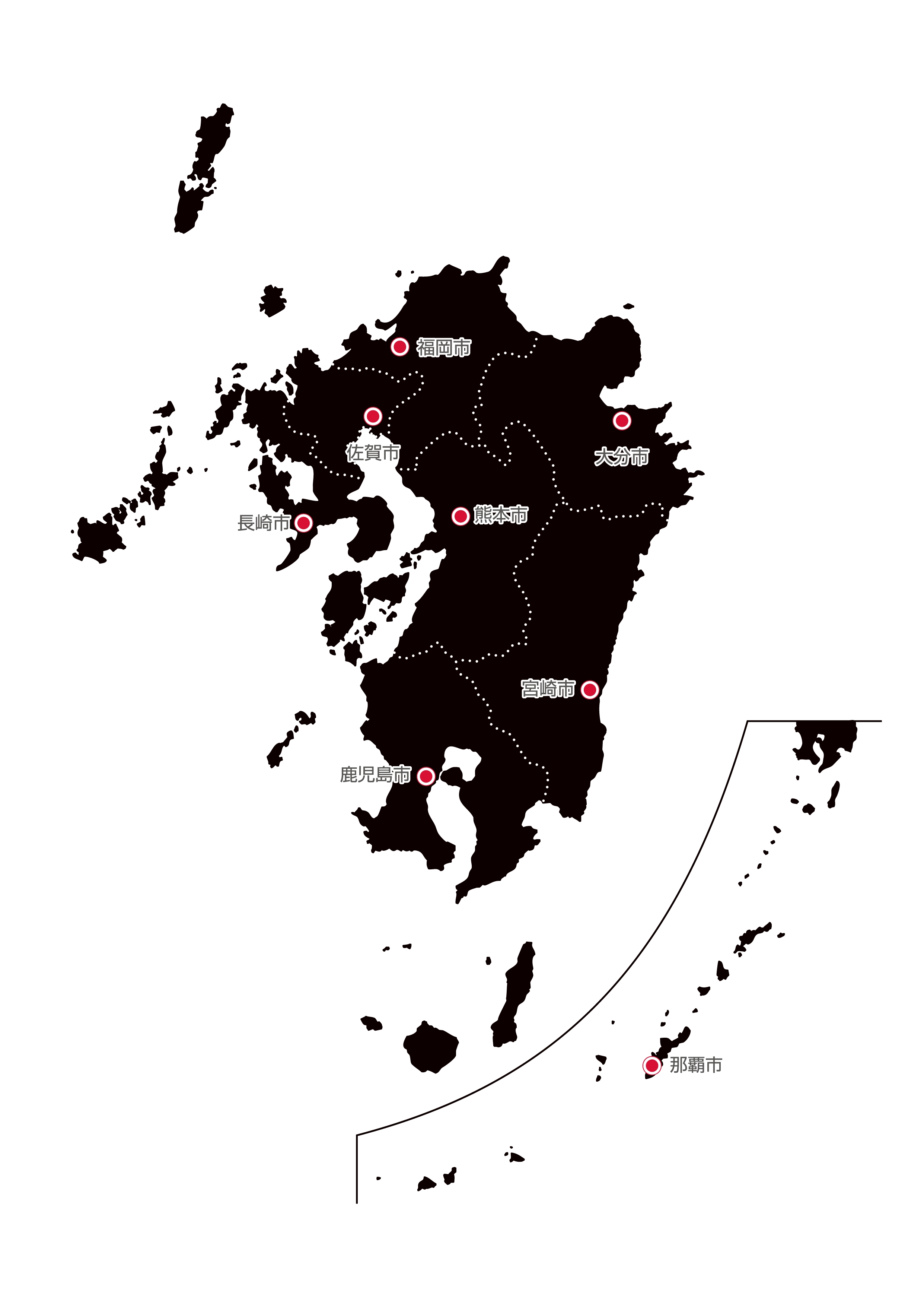 九州・沖縄地方無料フリーイラスト｜日本語・都道府県線あり・県庁所在地あり(黒)