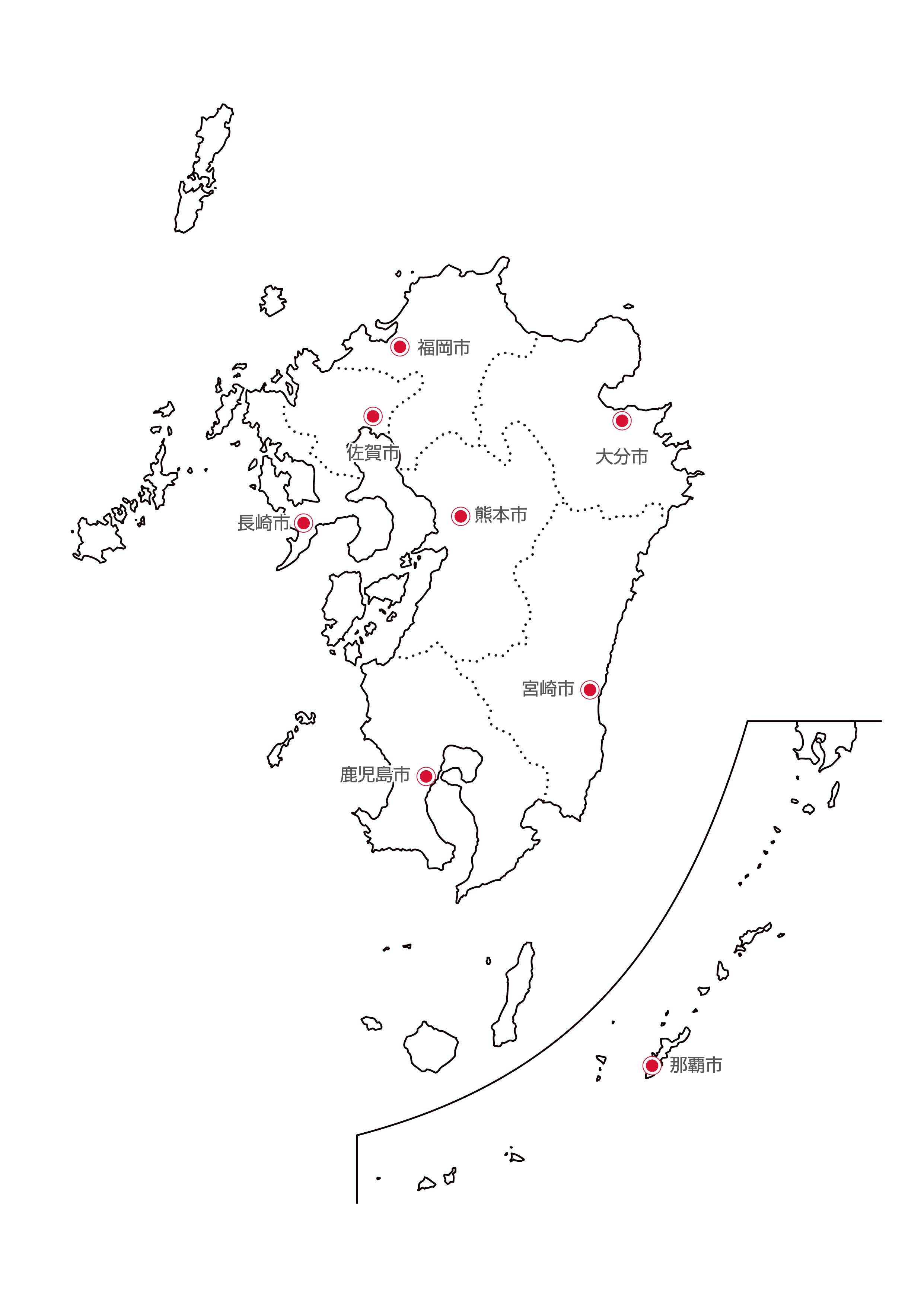 九州・沖縄地方無料フリーイラスト｜日本語・都道府県線あり・県庁所在地あり(白)