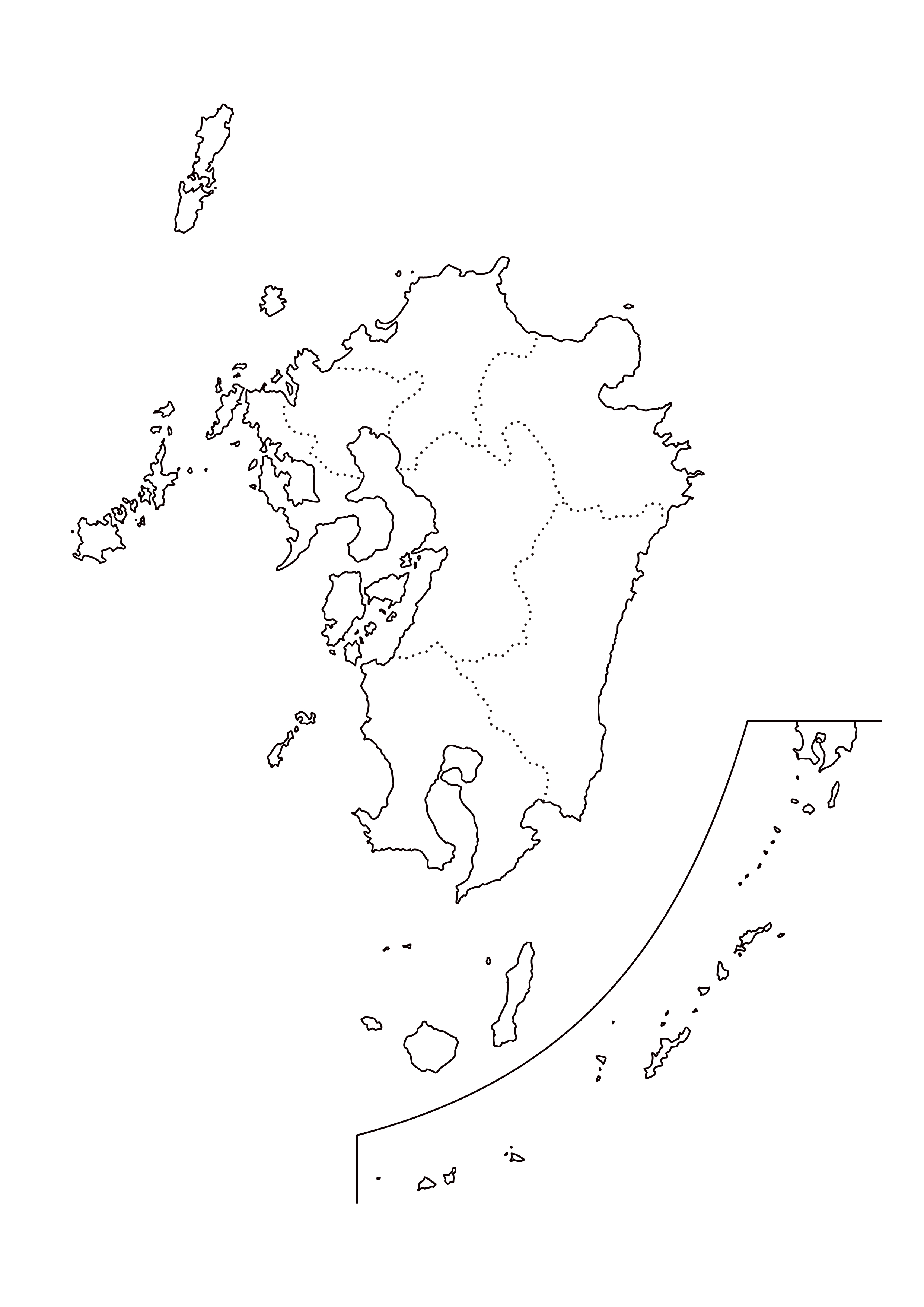 九州・沖縄地方無料フリーイラスト｜都道府県線あり(白)