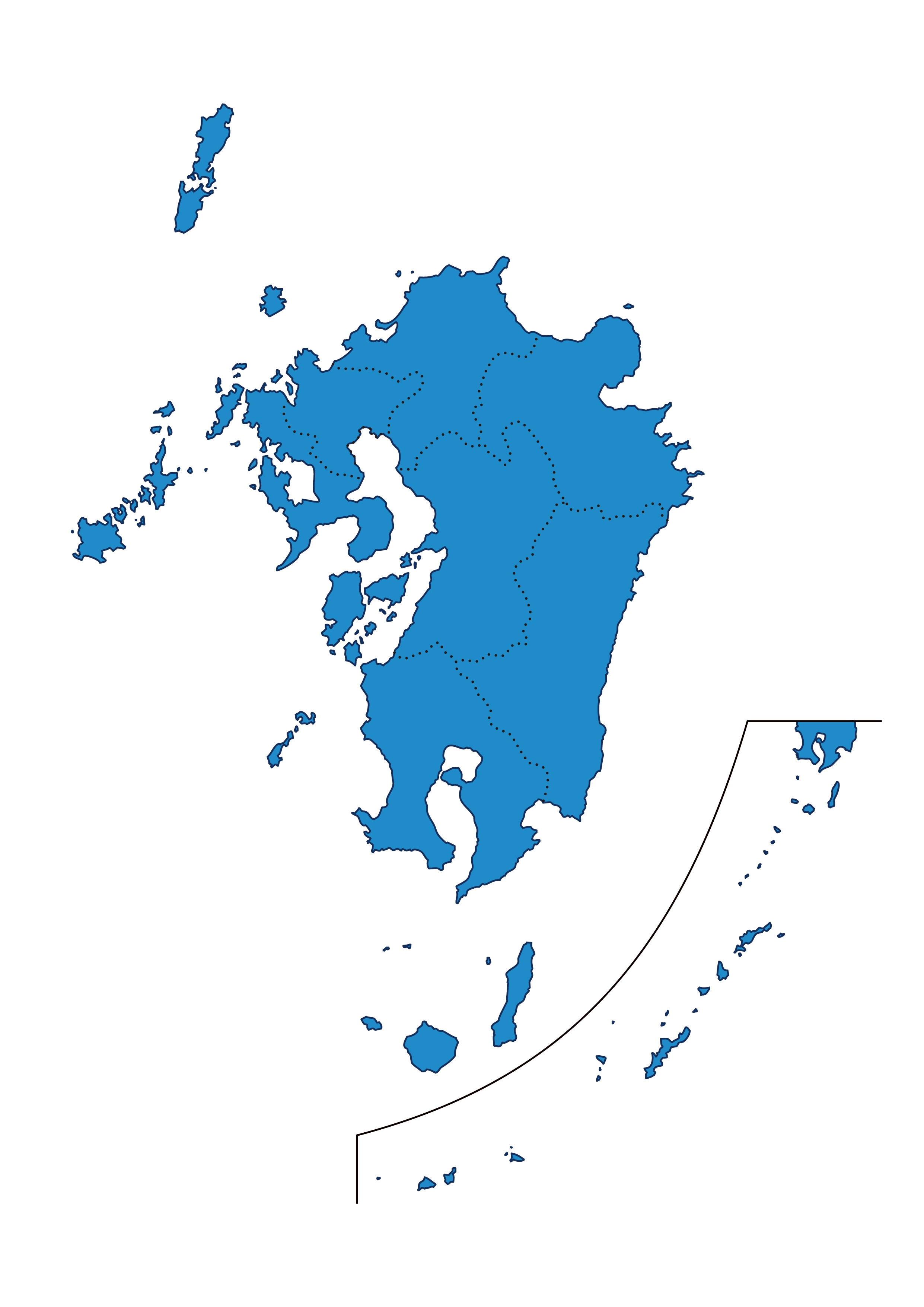 九州・沖縄地方無料フリーイラスト｜都道府県線あり(青)
