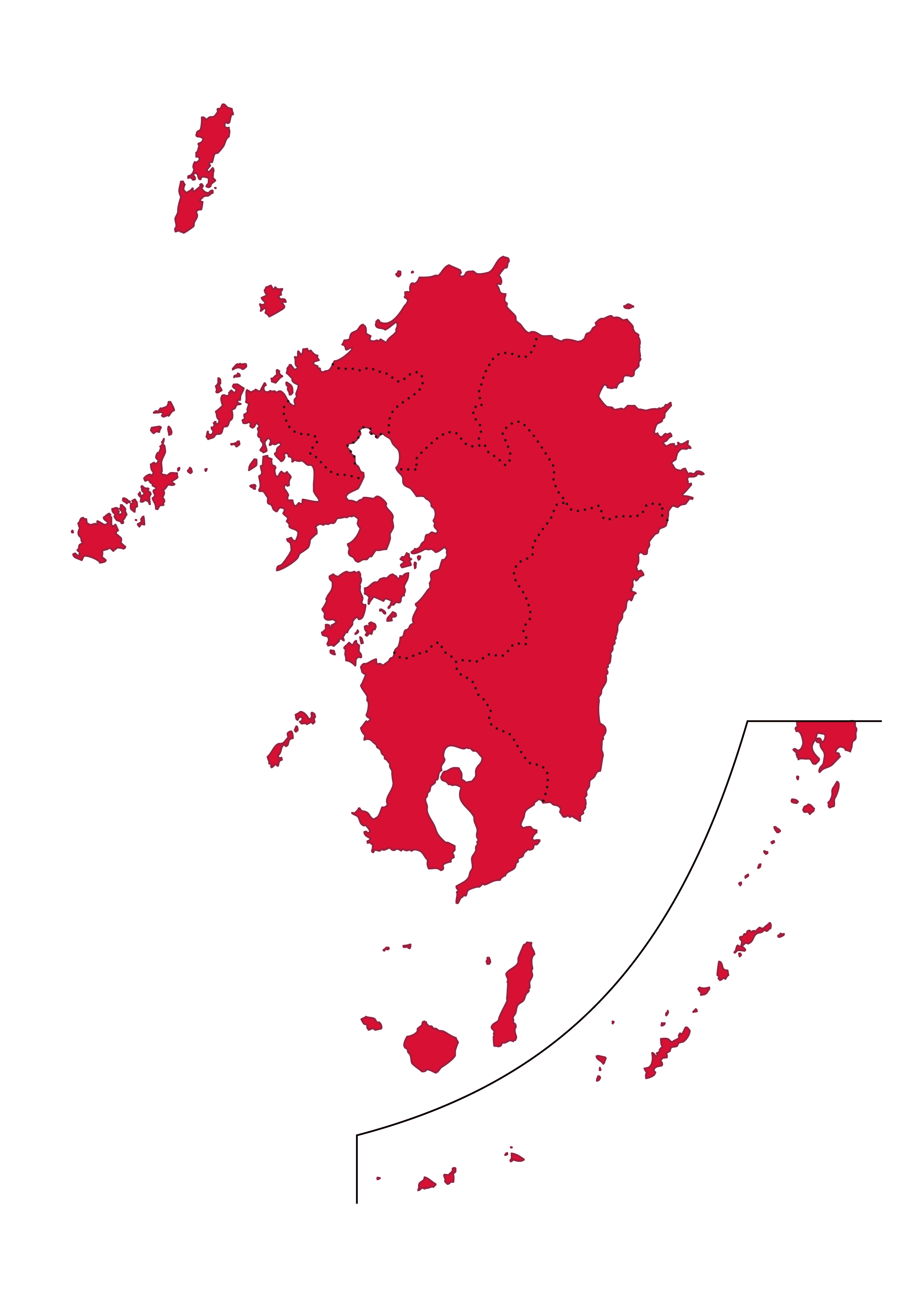 九州・沖縄地方無料フリーイラスト｜都道府県線あり(赤)