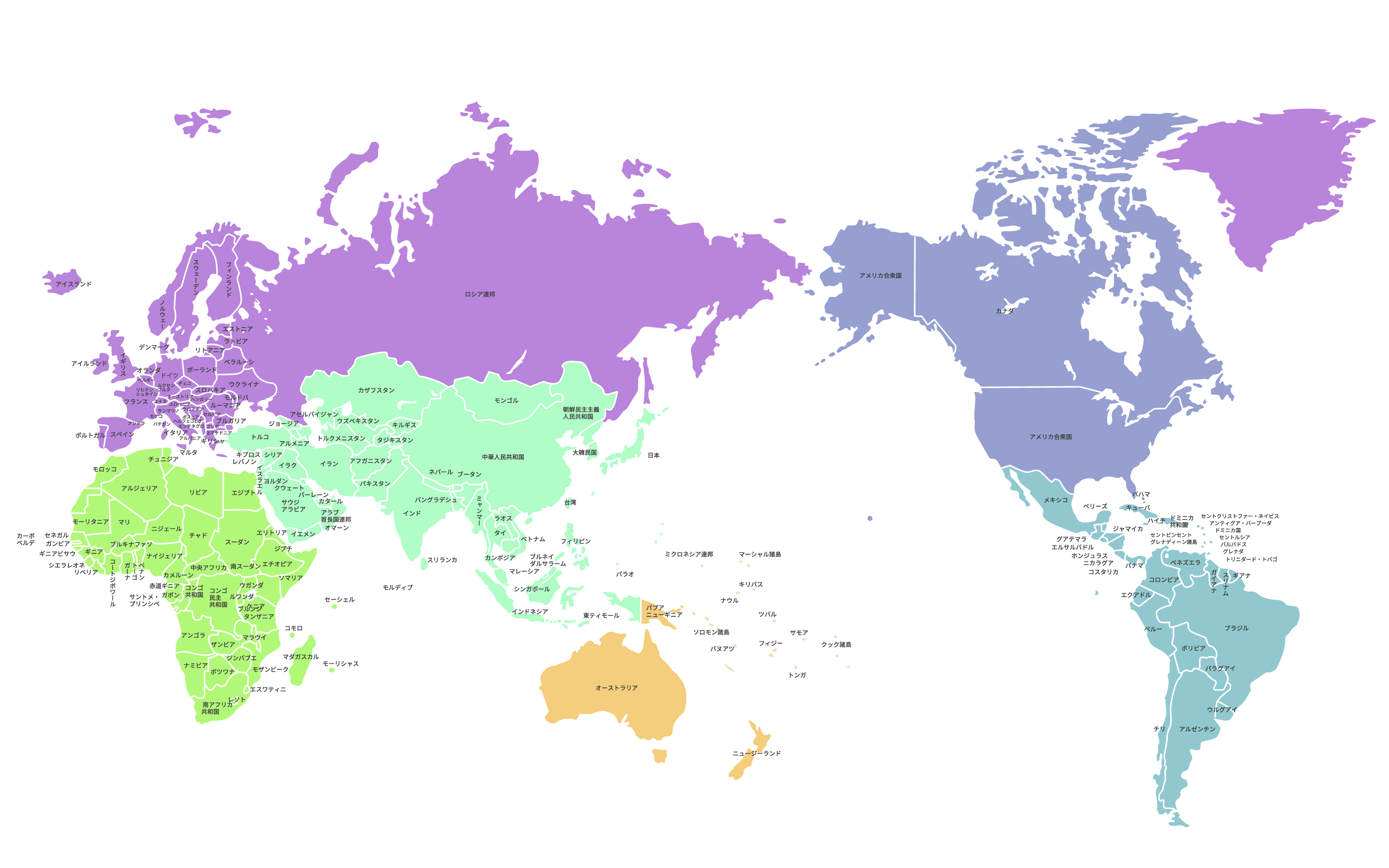 世界地図(全域)無料フリーイラスト｜地域色分け1・国名あり