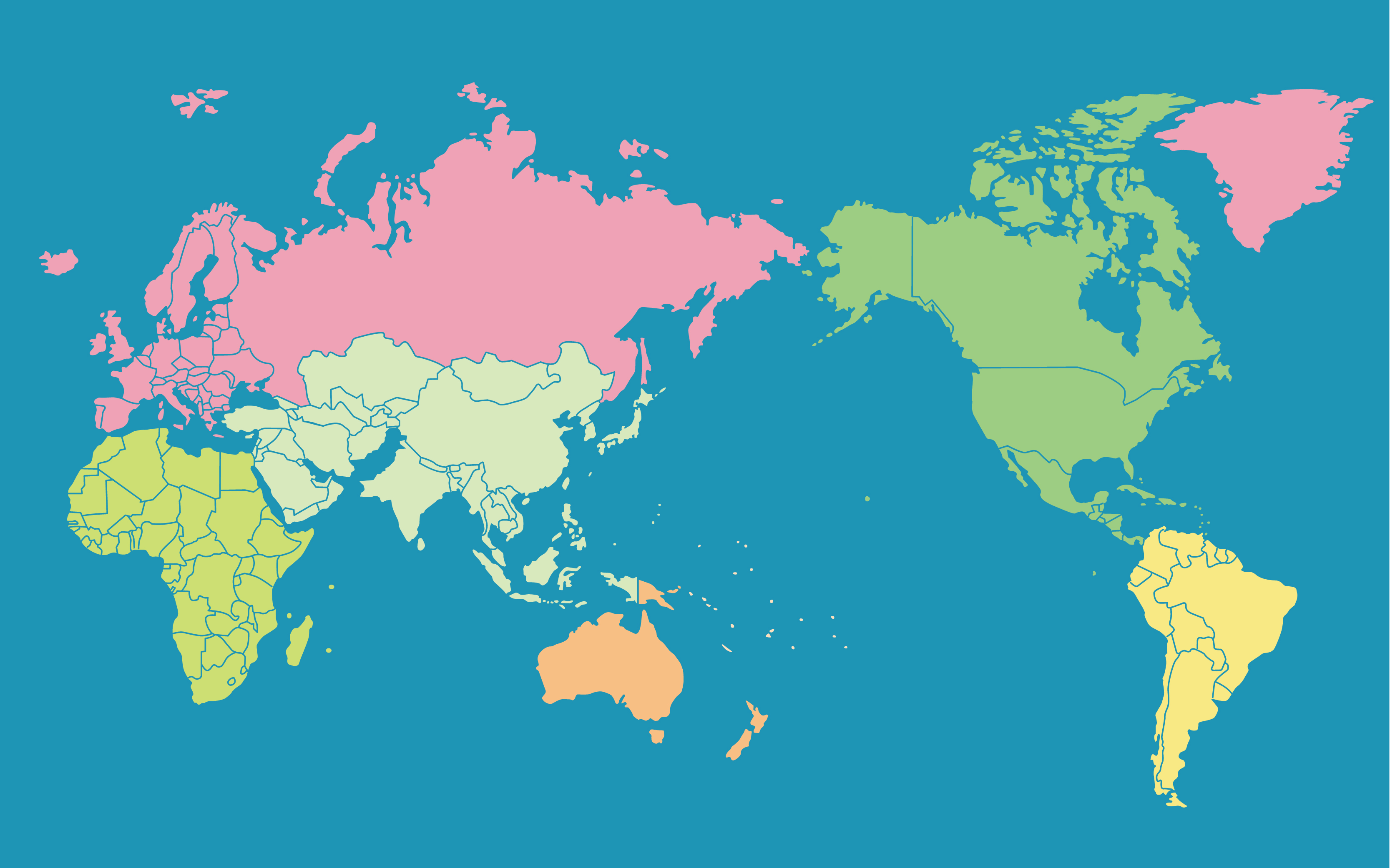世界地図(全域)無料フリーイラスト｜地域色分け2