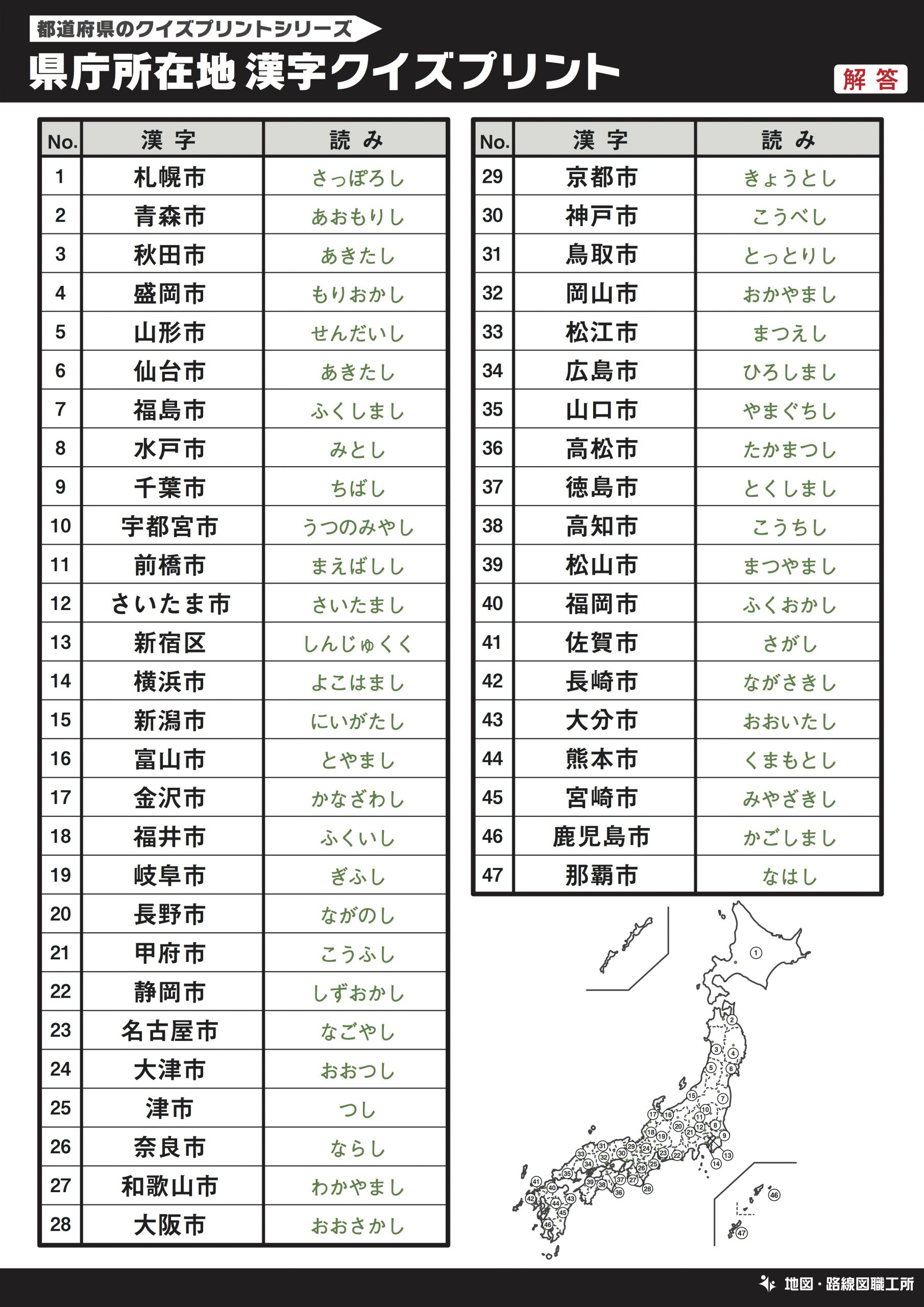 県庁所在地 漢字 読み方クイズプリント