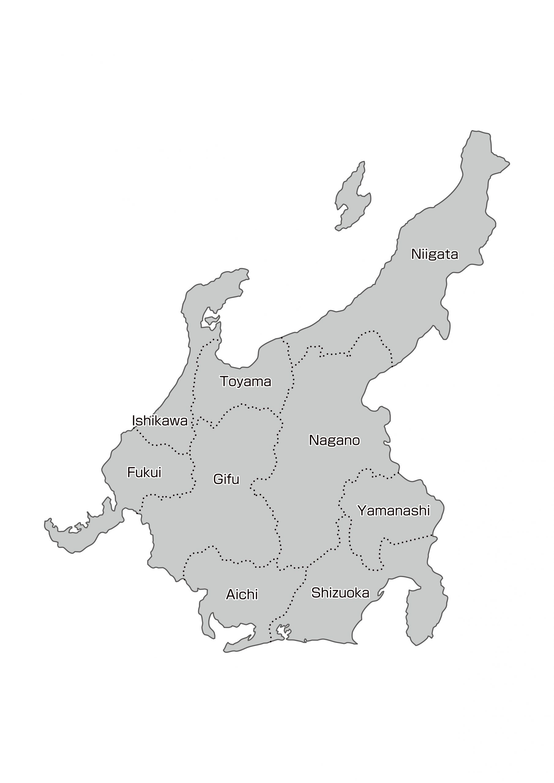 中部地方無料フリーイラスト｜英語・都道府県名あり・都道府県線あり(グレー)