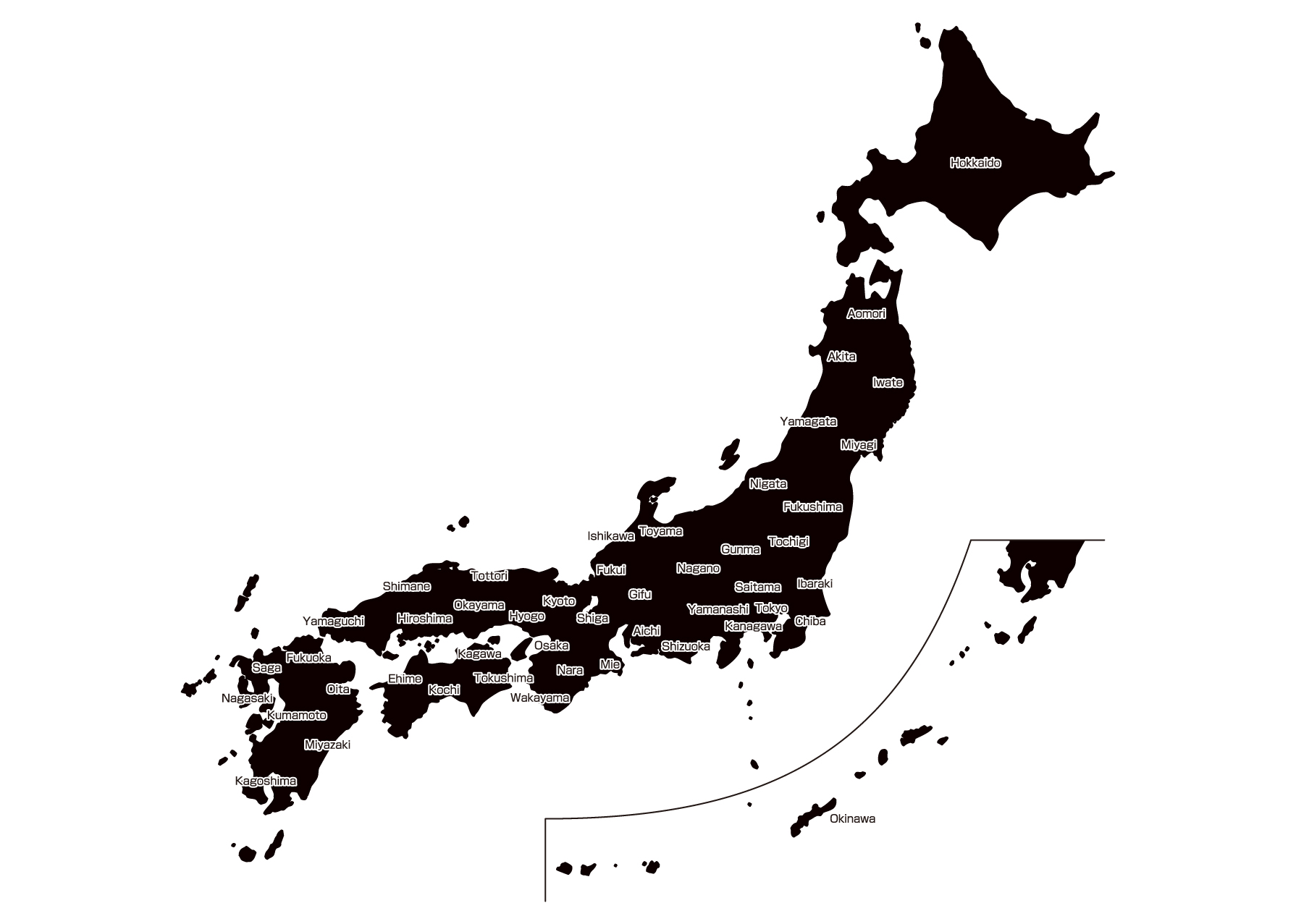 日本地図全土イラスト(基本)-英語・県名あり・都道府県線なし(黒)