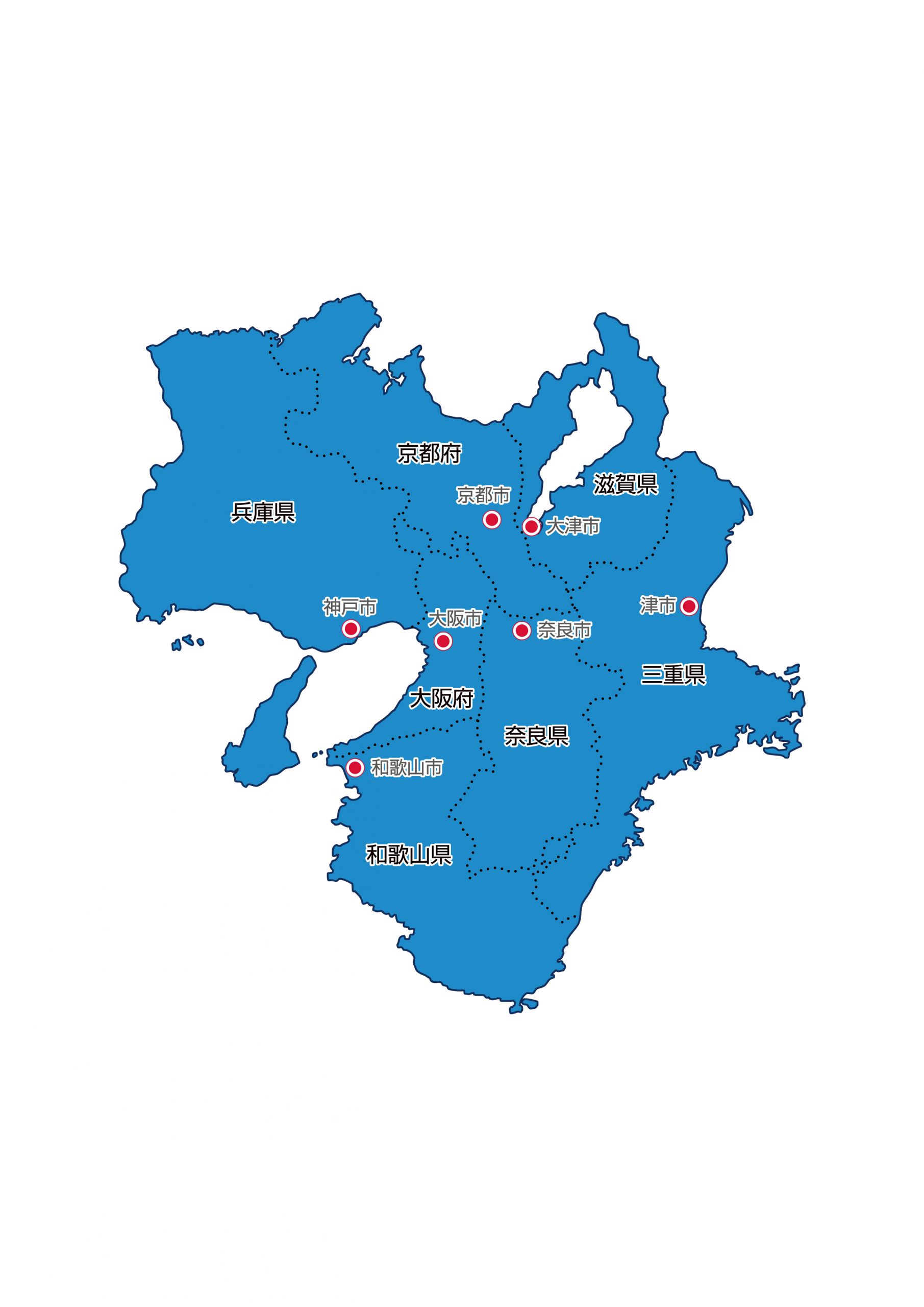 近畿地方無料フリーイラスト｜日本語・都道府県名あり・都道府県線あり・県庁所在地あり(青)