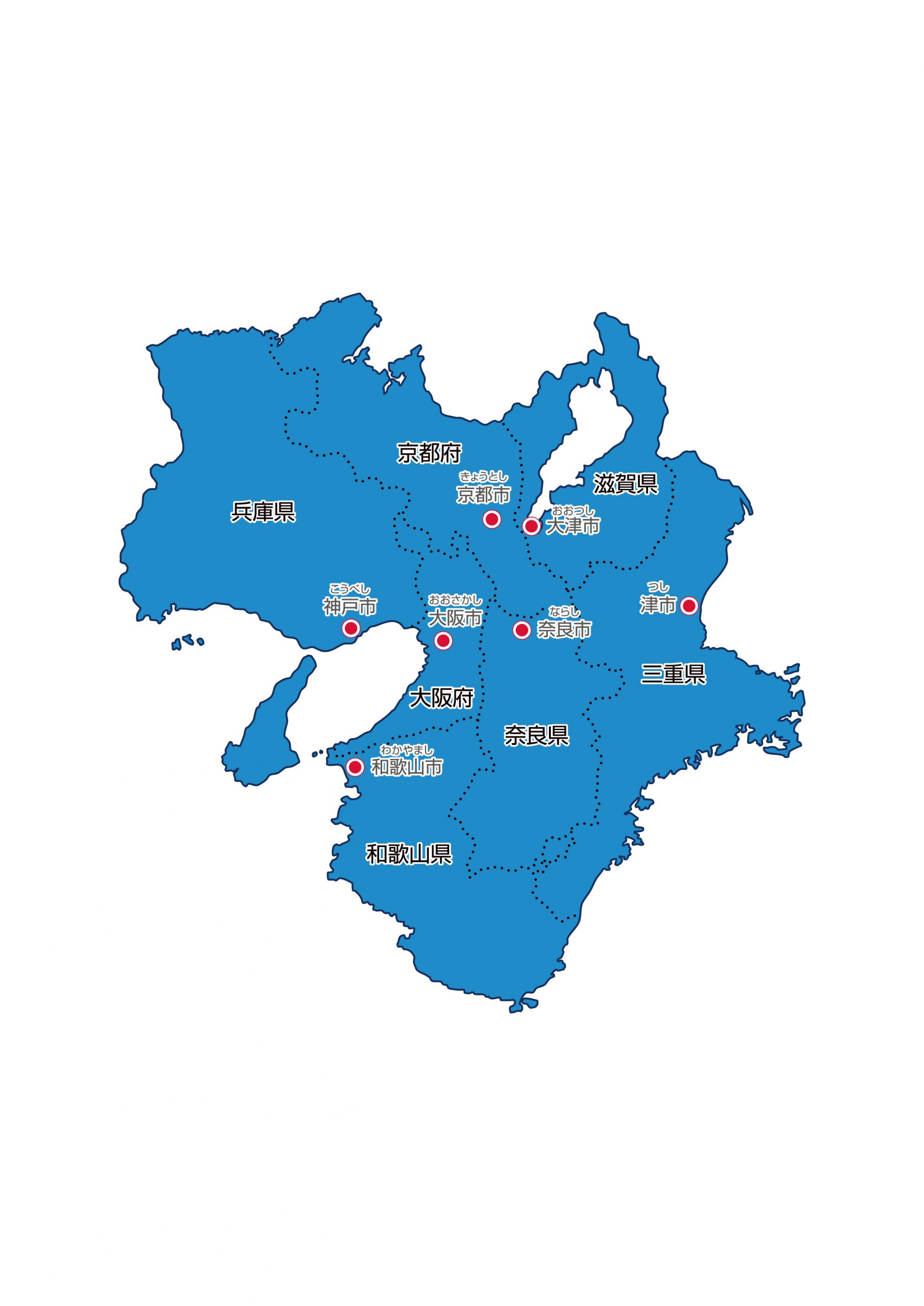 近畿地方無料フリーイラスト｜日本語・都道府県名あり・都道府県線あり・県庁所在地あり・ルビあり(青)