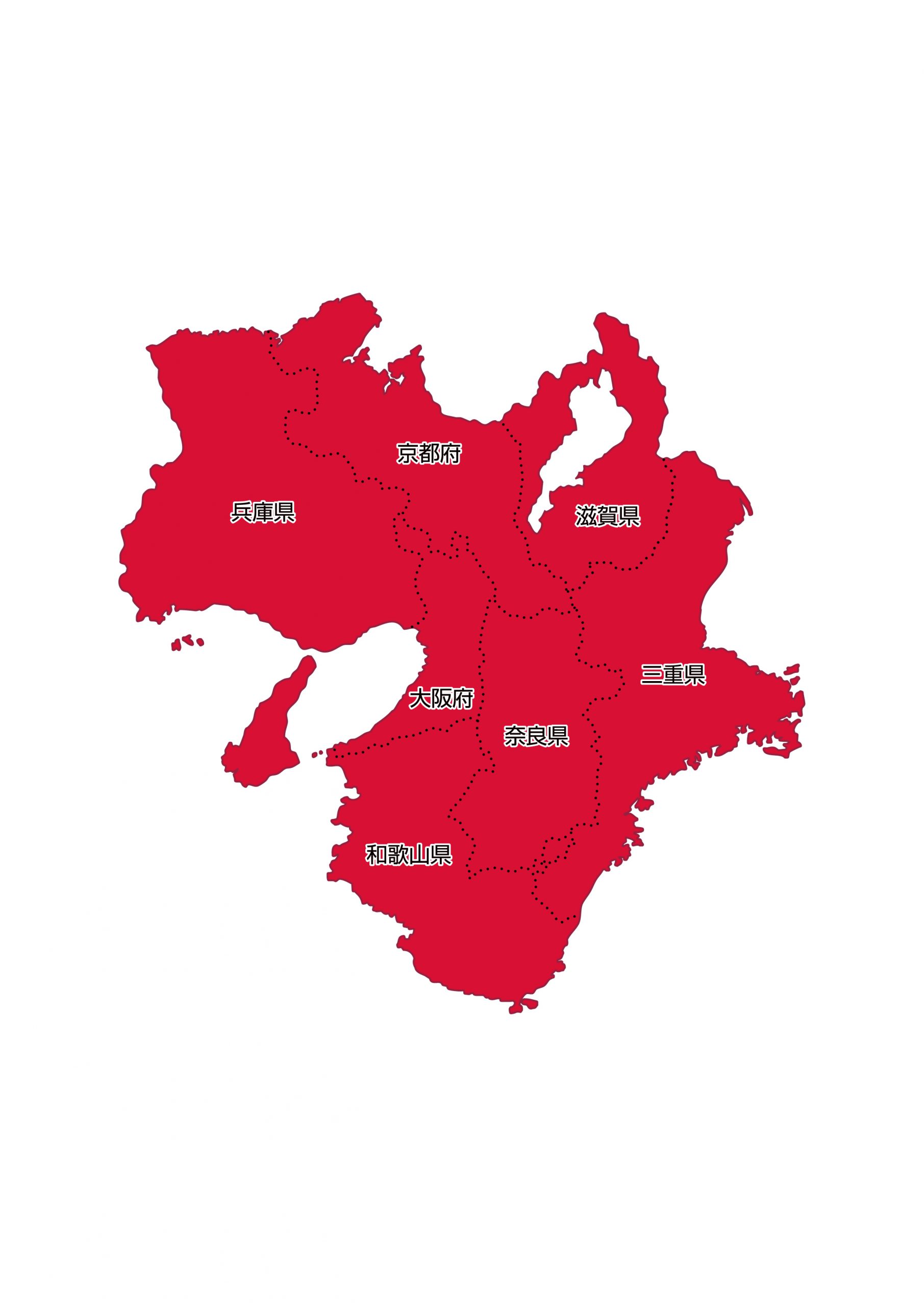 近畿地方無料フリーイラスト｜日本語・都道府県名あり・都道府県線あり(赤)