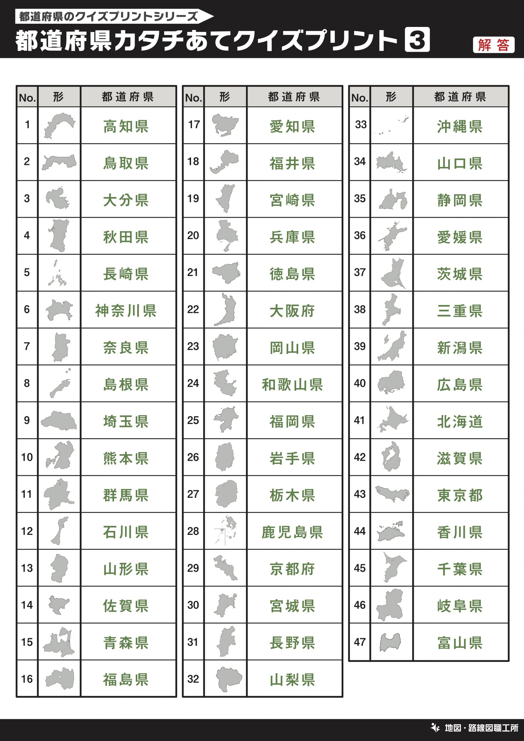 都道府県カタチあてクイズプリント 記入