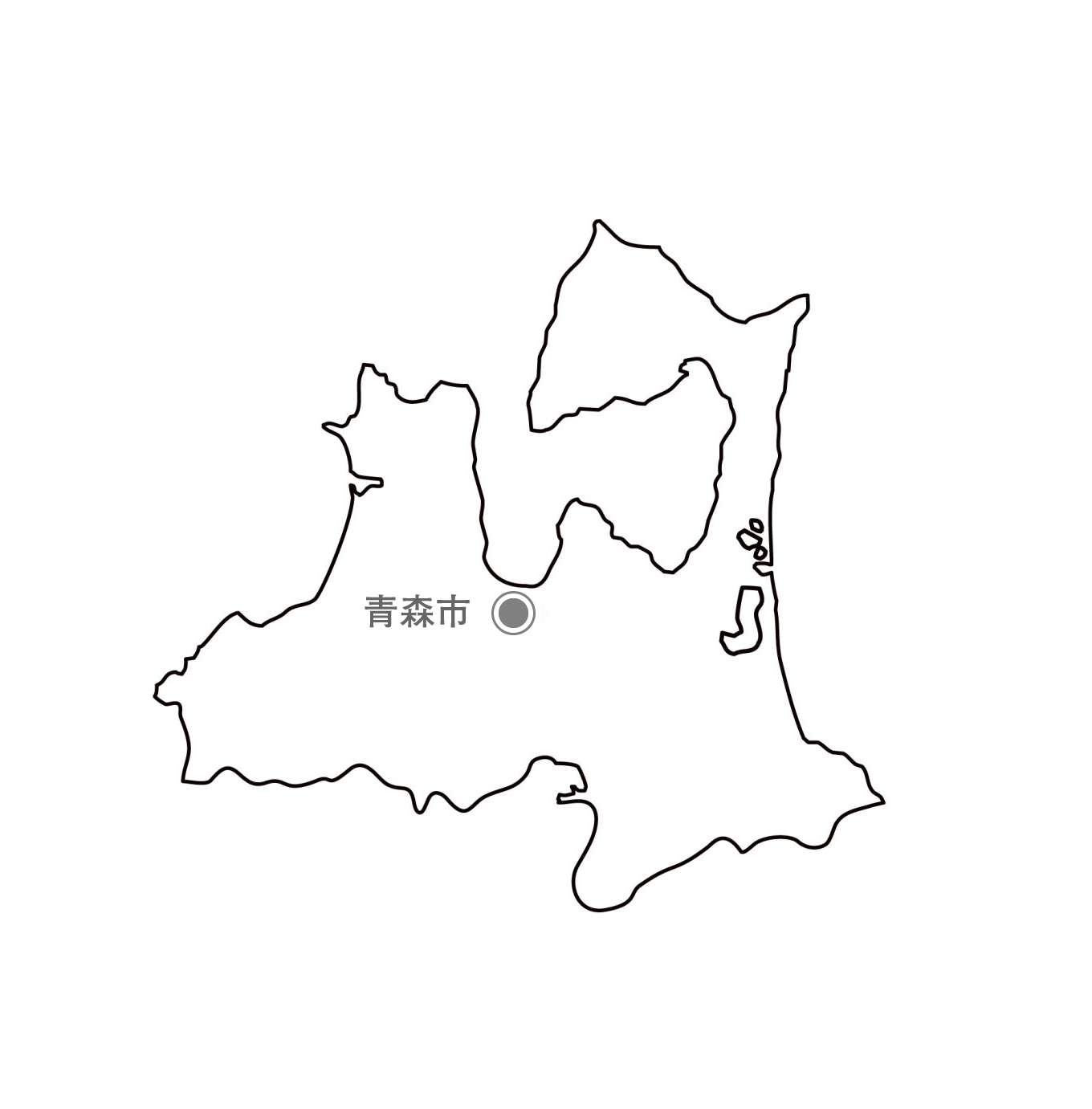 [白地図]青森県・都道府県名・県庁所在地あり