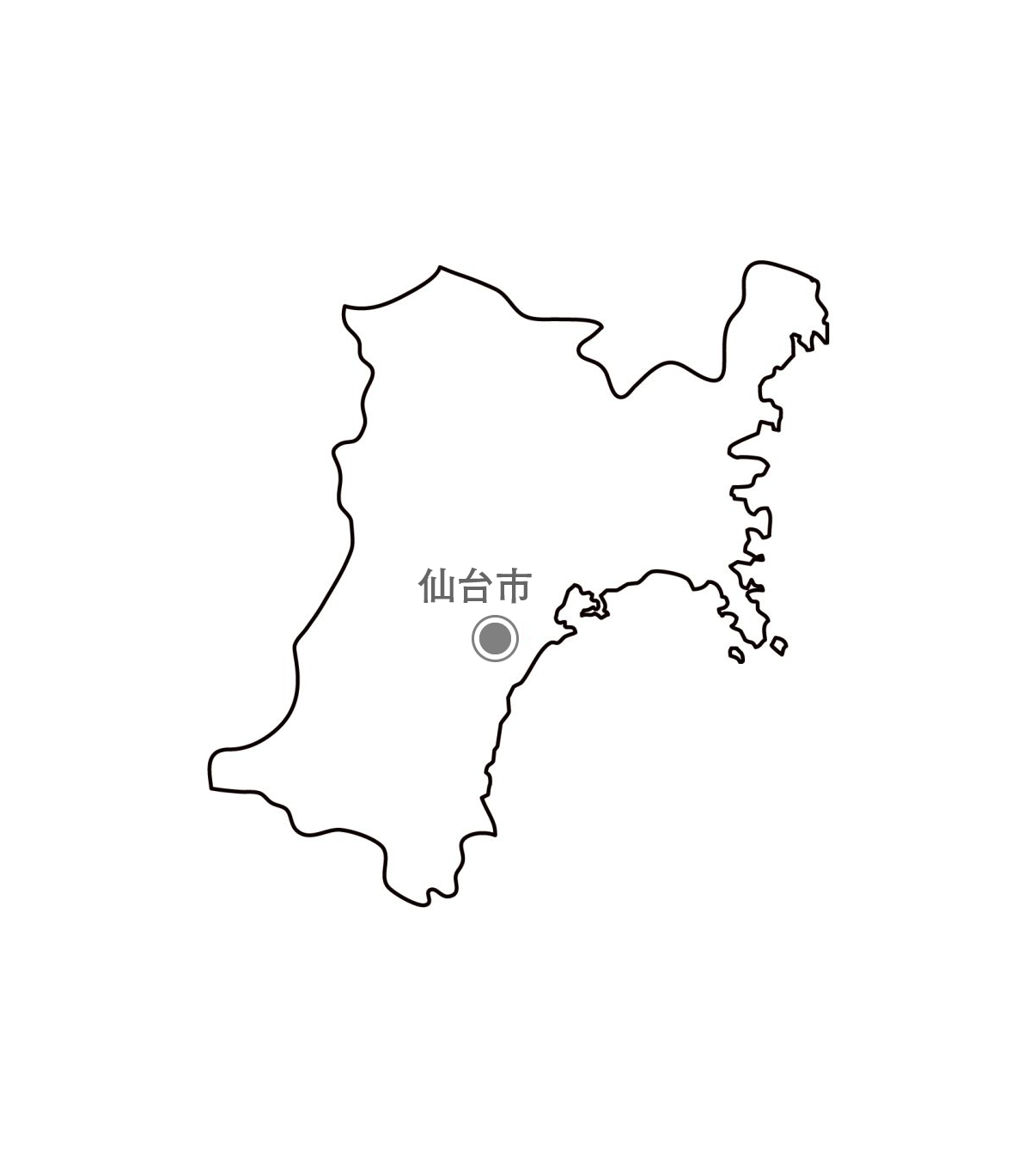 [白地図]宮城県・都道府県名・県庁所在地あり