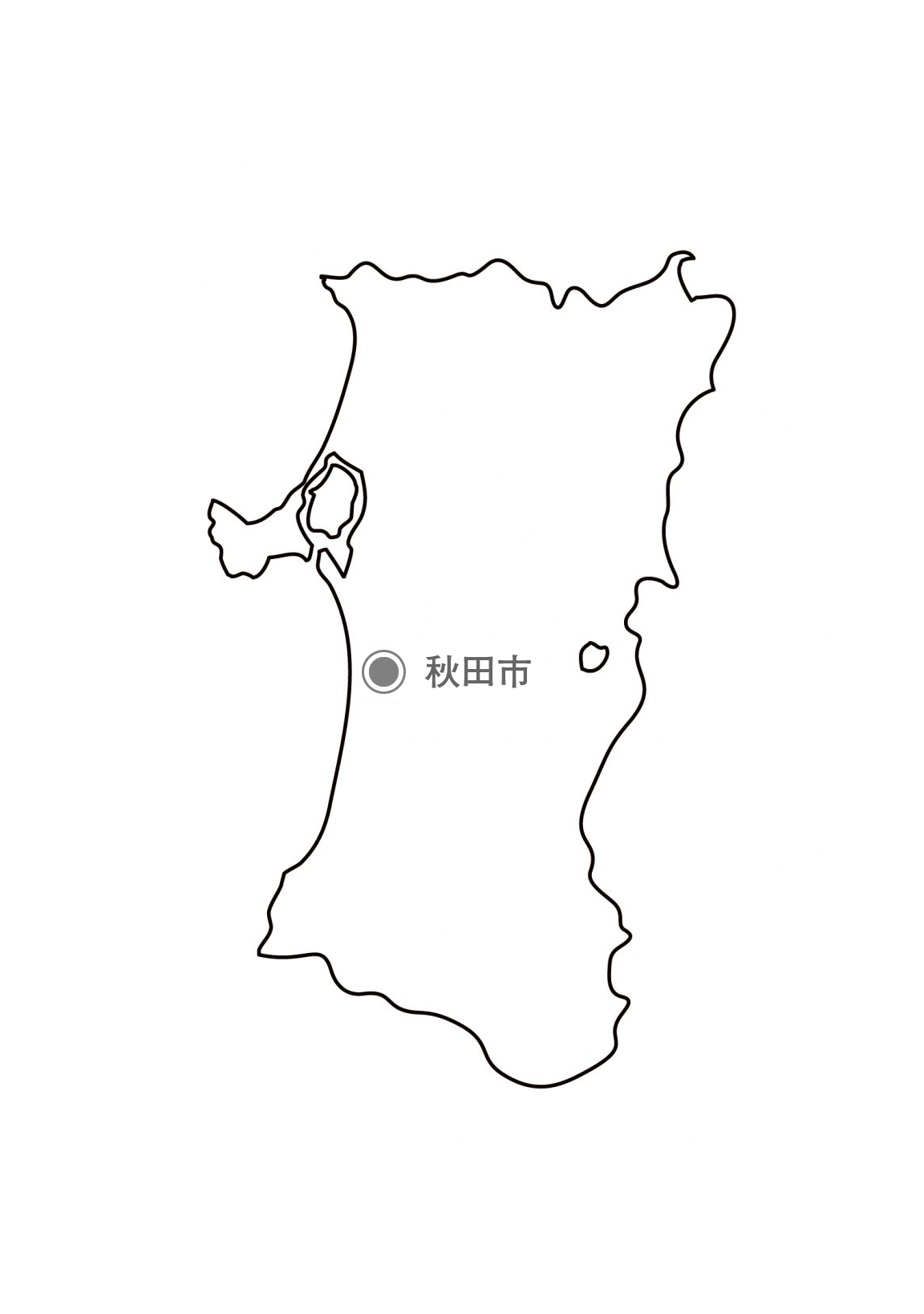 [白地図]秋田県・都道府県名・県庁所在地あり