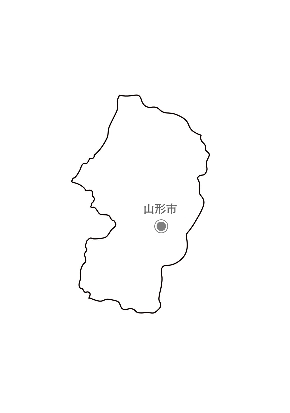 [白地図]山形県・都道府県名・県庁所在地あり