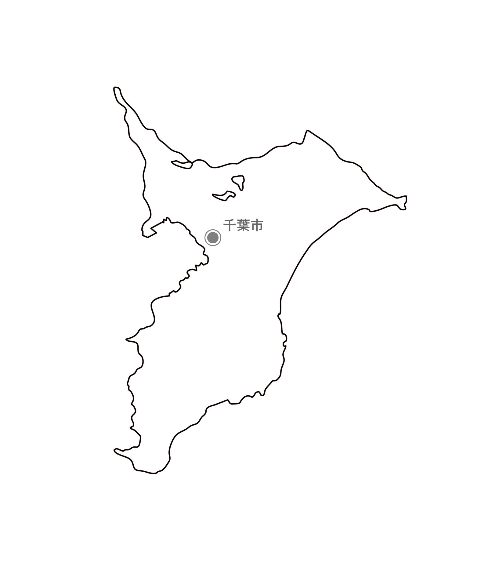 [白地図]千葉県・都道府県名・県庁所在地あり