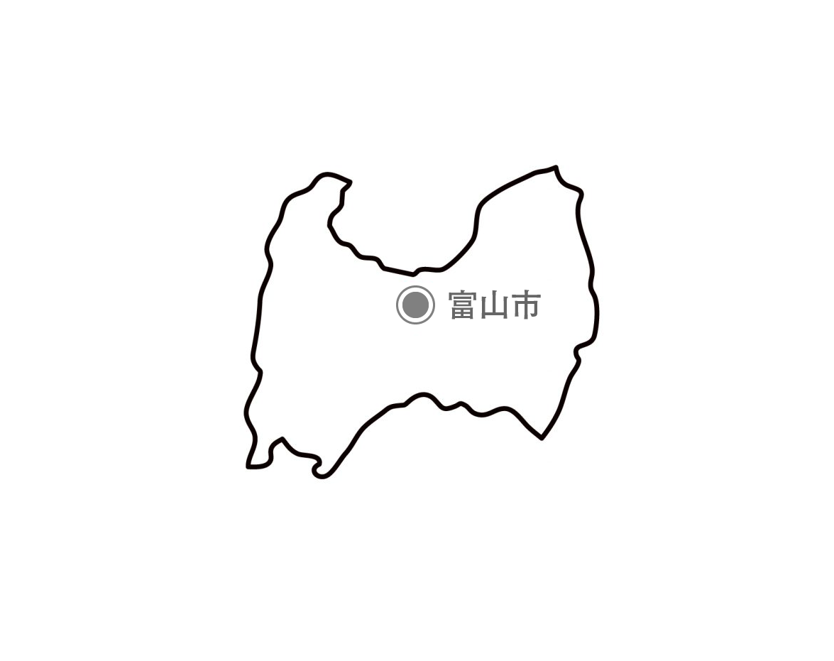 [白地図]富山県・都道府県名・県庁所在地あり