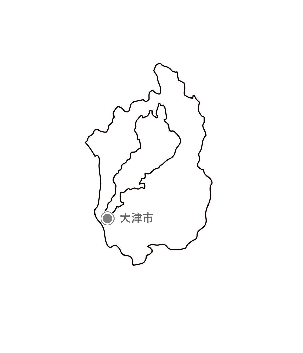 [白地図]滋賀県・都道府県名・県庁所在地あり