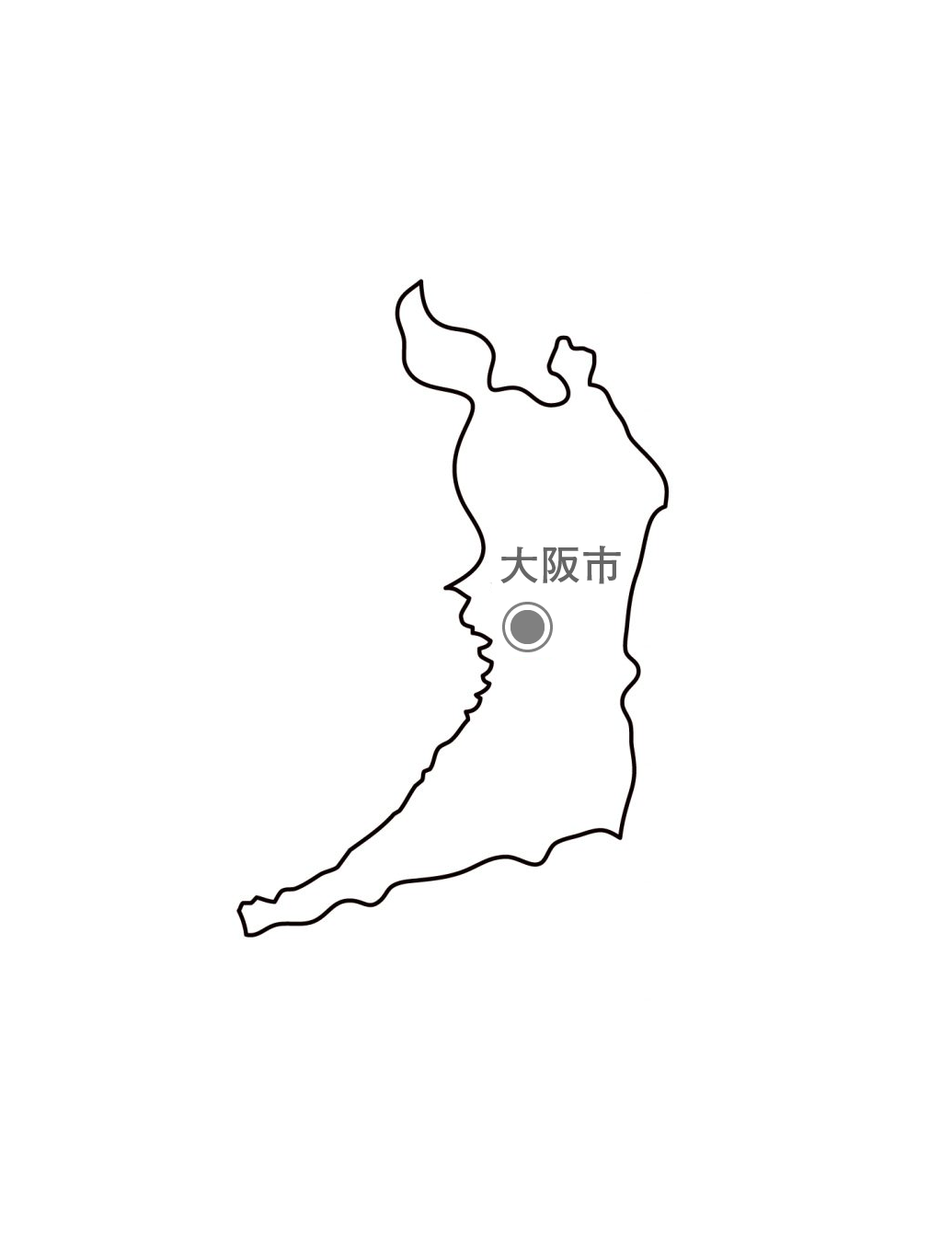 [白地図]大阪府・都道府県名・県庁所在地あり