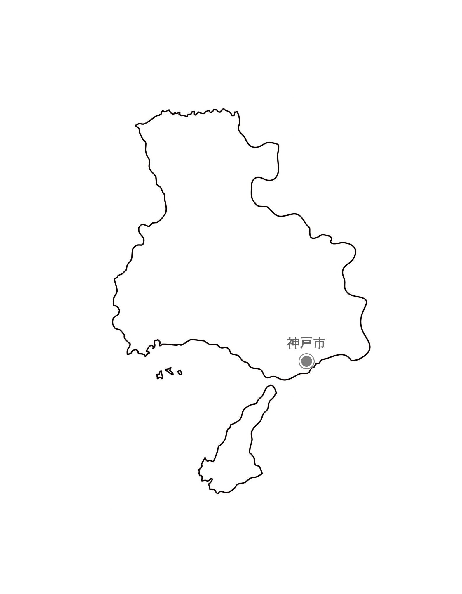 [白地図]兵庫県・都道府県名・県庁所在地あり