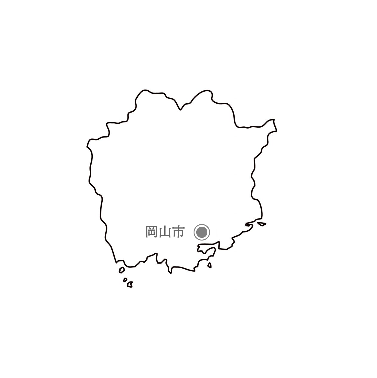 [白地図]岡山県・都道府県名・県庁所在地あり