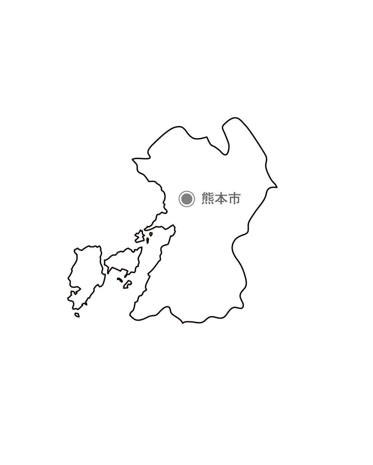 [白地図]熊本県・都道府県名・県庁所在地あり