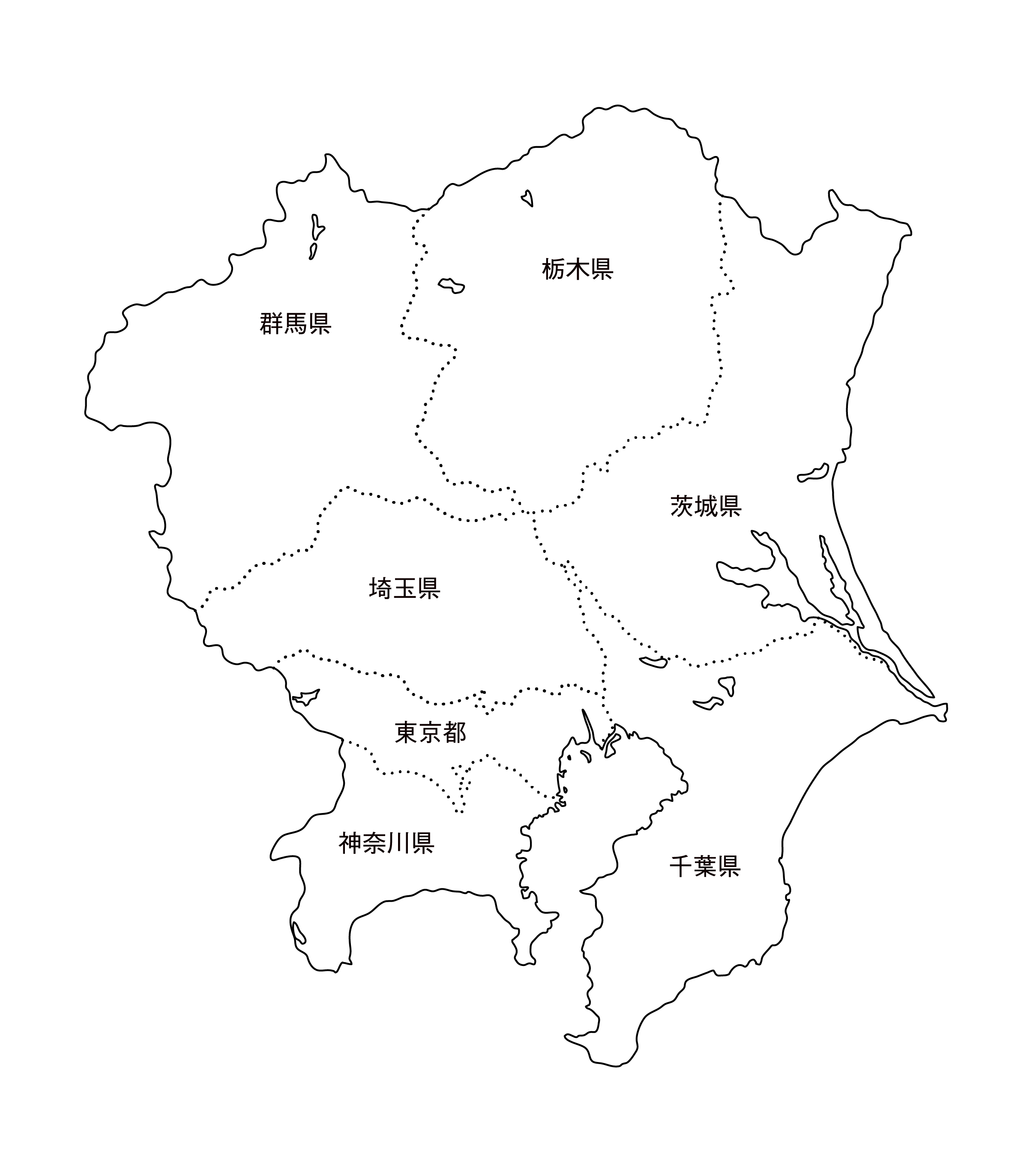 [白地図]関東・都道府県名あり