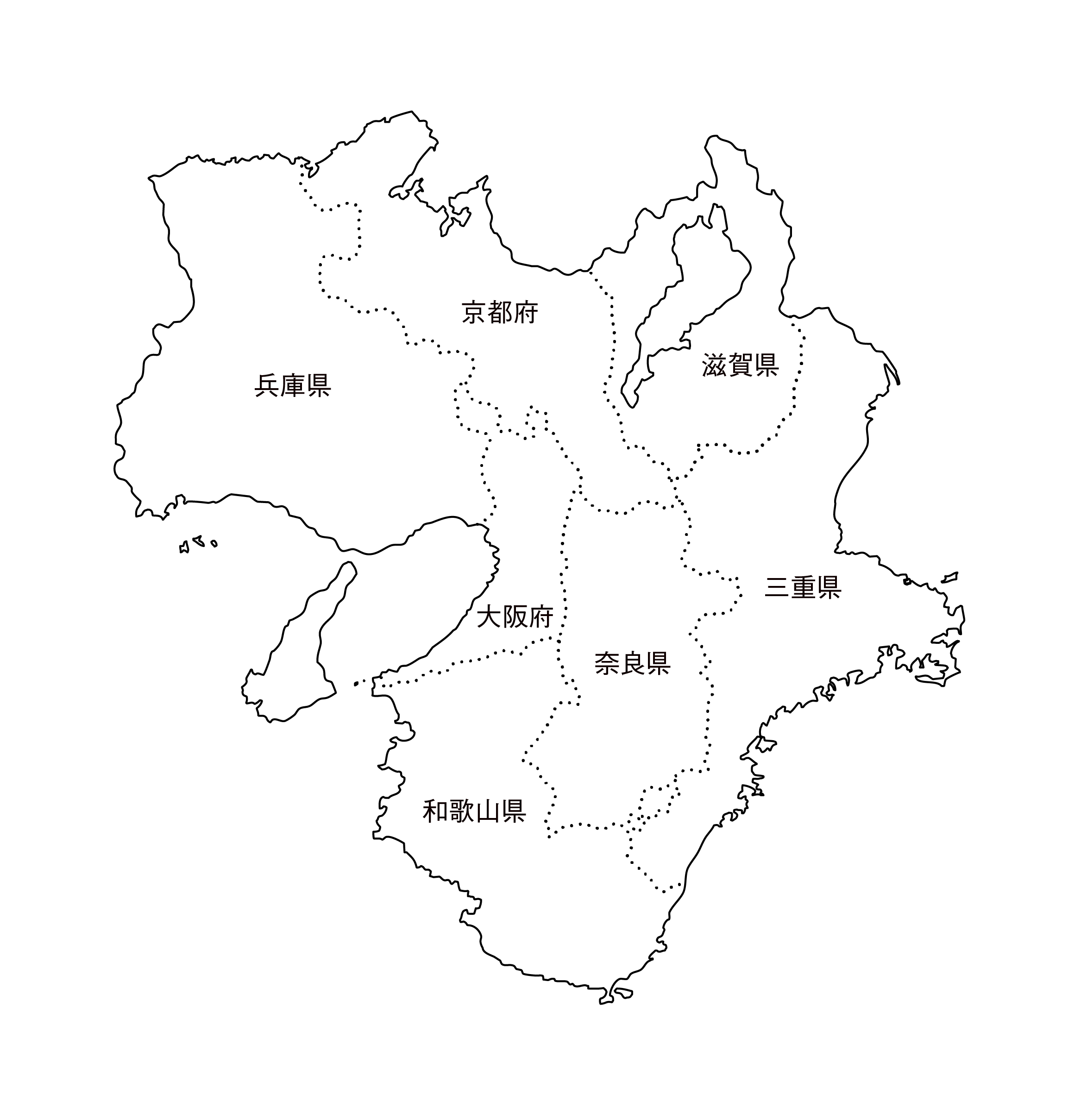 [白地図]近畿・都道府県名あり