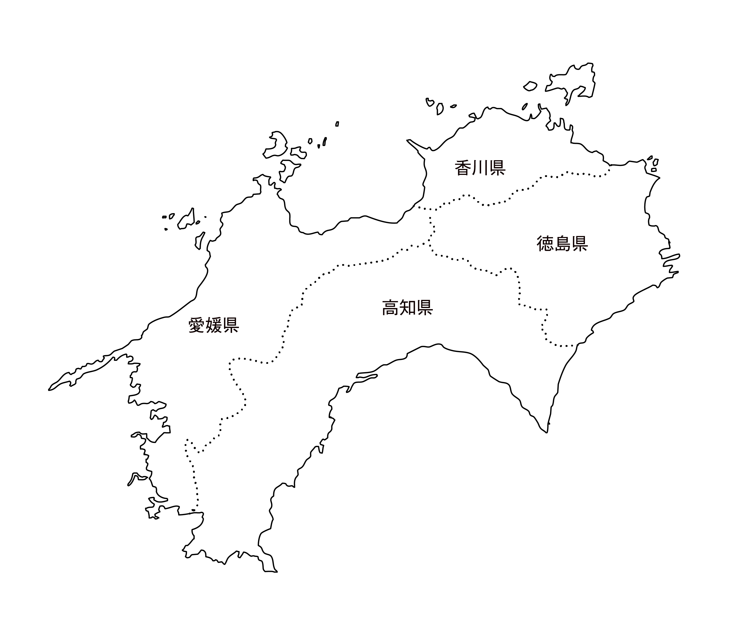 [白地図]四国・都道府県名あり