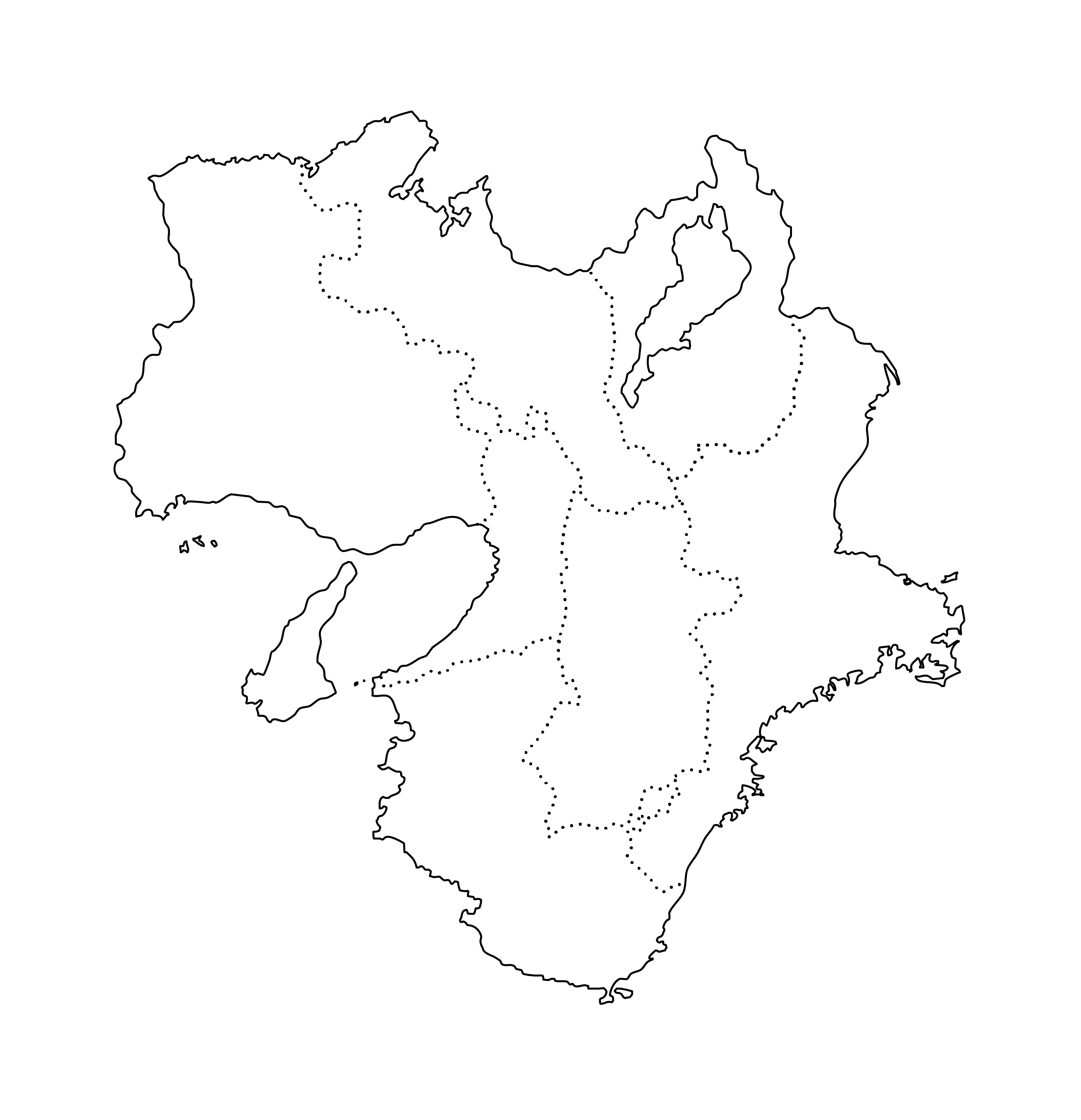 [白地図]近畿・都道府県名なし