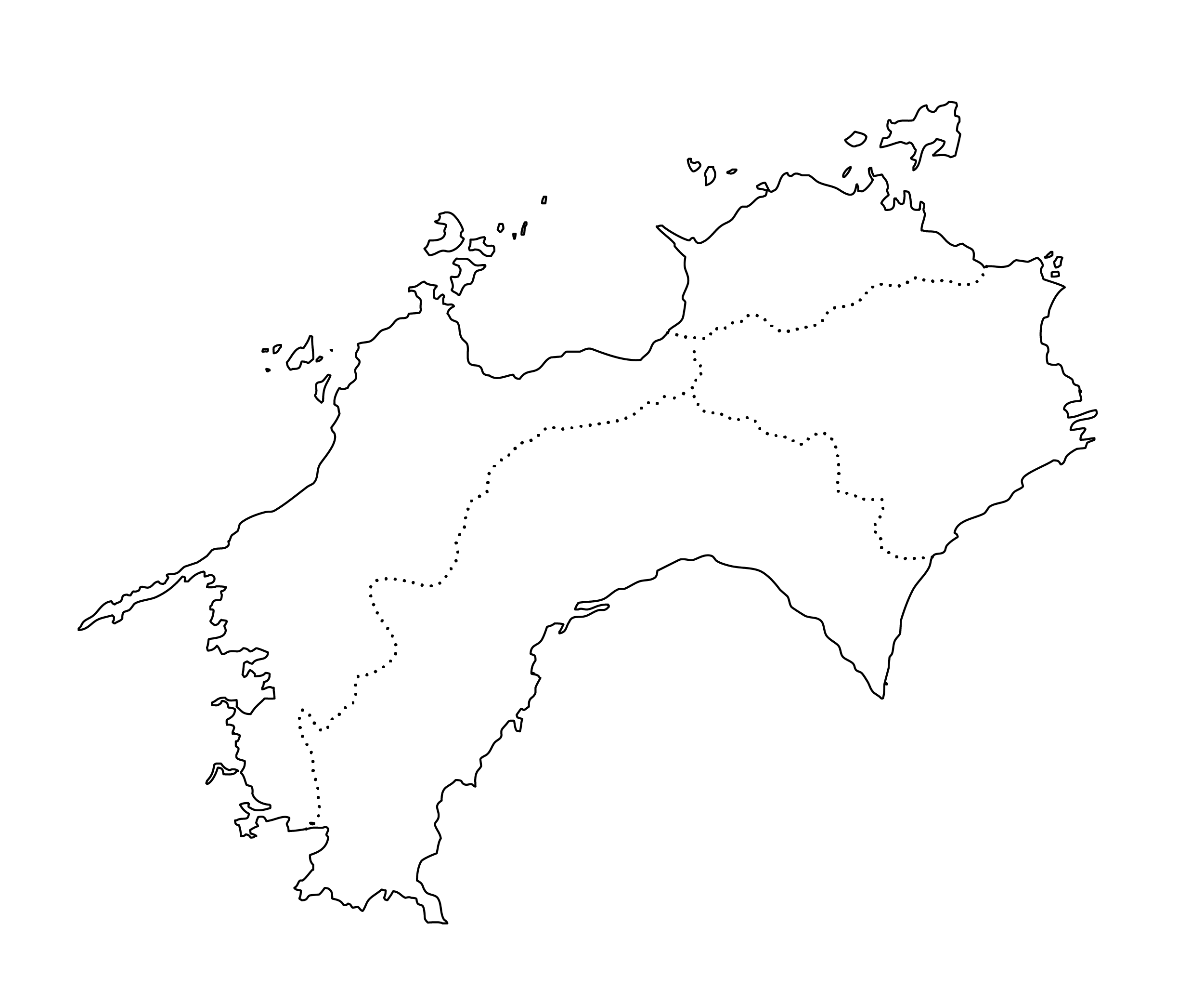 [白地図]四国・都道府県名なし