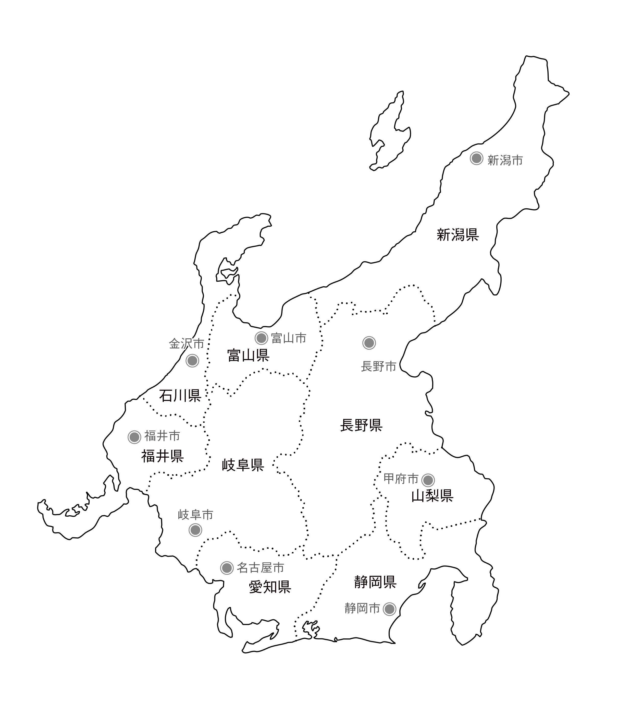 中部地方の白地図イラスト無料素材集 県庁所在地 市区町村名あり