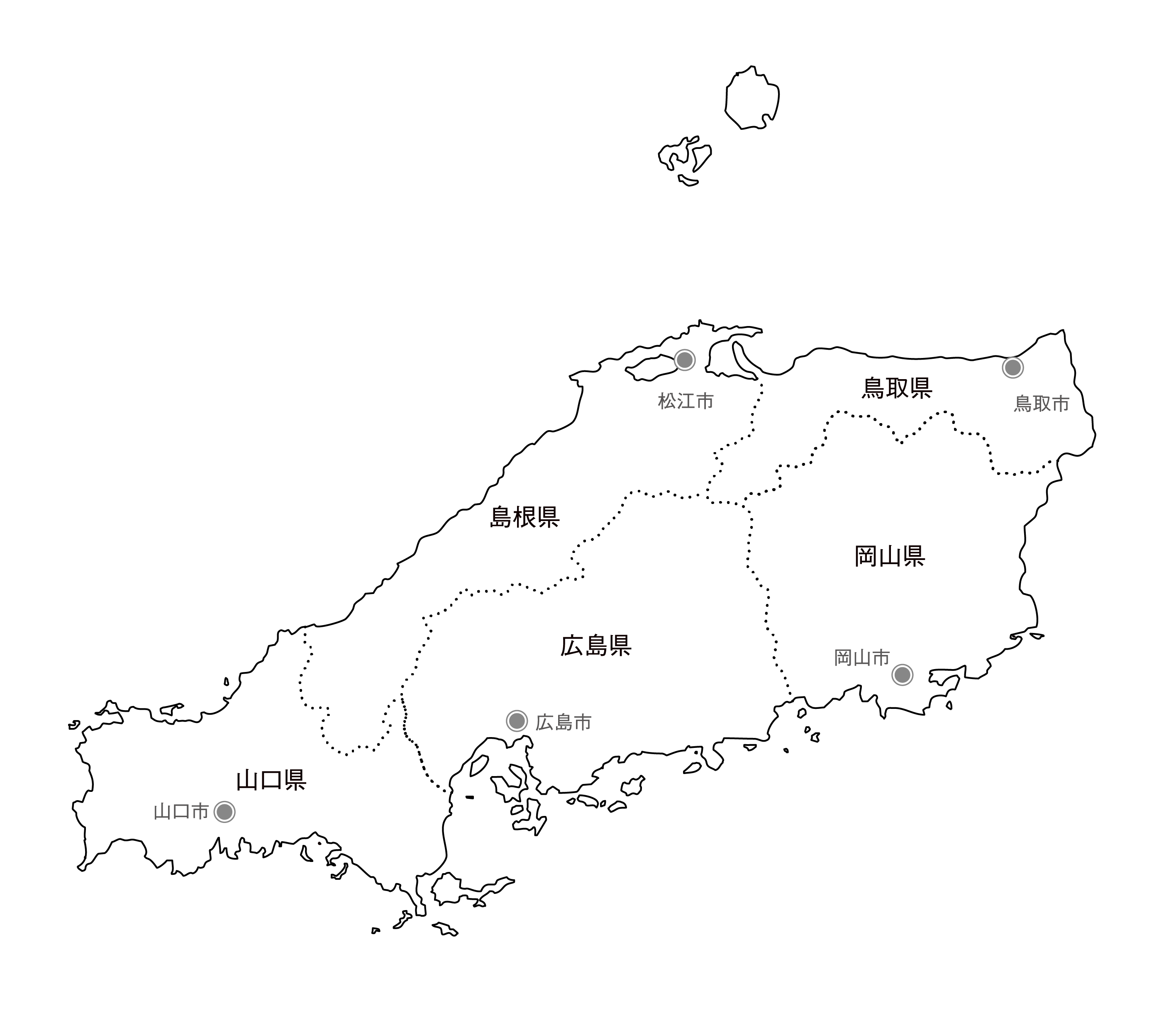 中国地方の白地図イラスト無料素材集 県庁所在地 市町村名あり